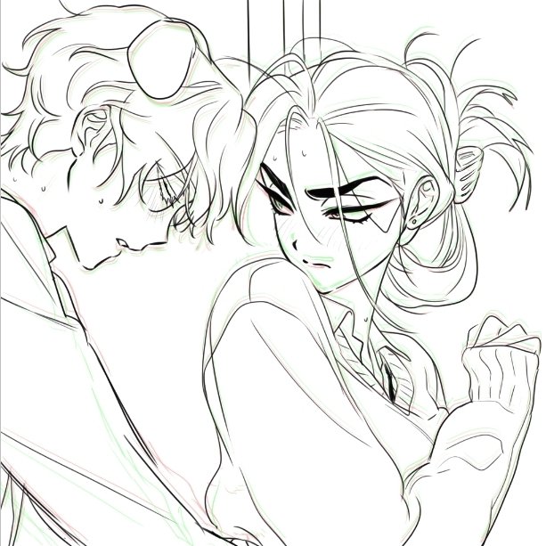 hyuna (alien stage), luka (alien stage), alien stage, 1boy, 1girl, animal ears, closed eyes, collared shirt, dog boy, dog ears, lineart, long sleeves, looking at another, lubya, shirt, short hair, sleeves past wrists, sweater, thick eyebrows, very short hair