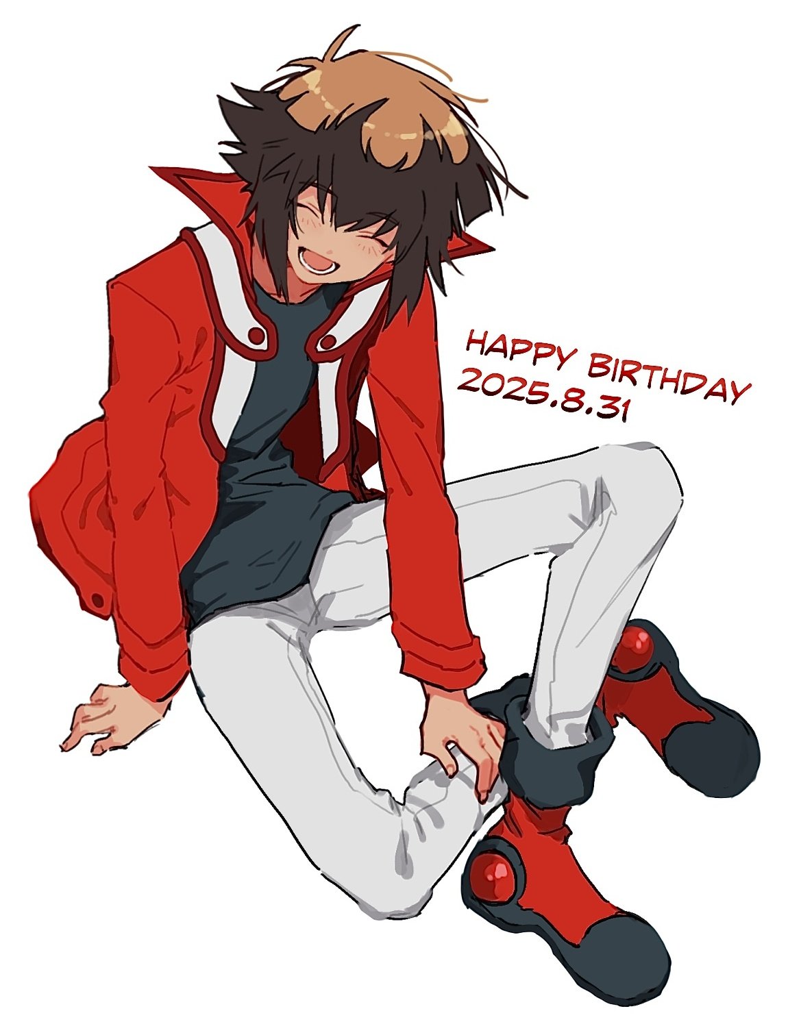 sunanogimo, yuki judai, yu-gi-oh!, yu-gi-oh! gx, highres, 1boy, :d, ^ ^, black shirt, blush, boots, brown hair, closed eyes, crossed ankles, dated, duel academy uniform (yu-gi-oh! gx), facing viewer, full body, hand on own ankle, happy birthday, jacket, knee up, long sleeves, male focus, open clothes, open jacket, open mouth, pants, red boots, red jacket, shirt, short hair, simple background, sitting, smile, solo, white background, white pants
