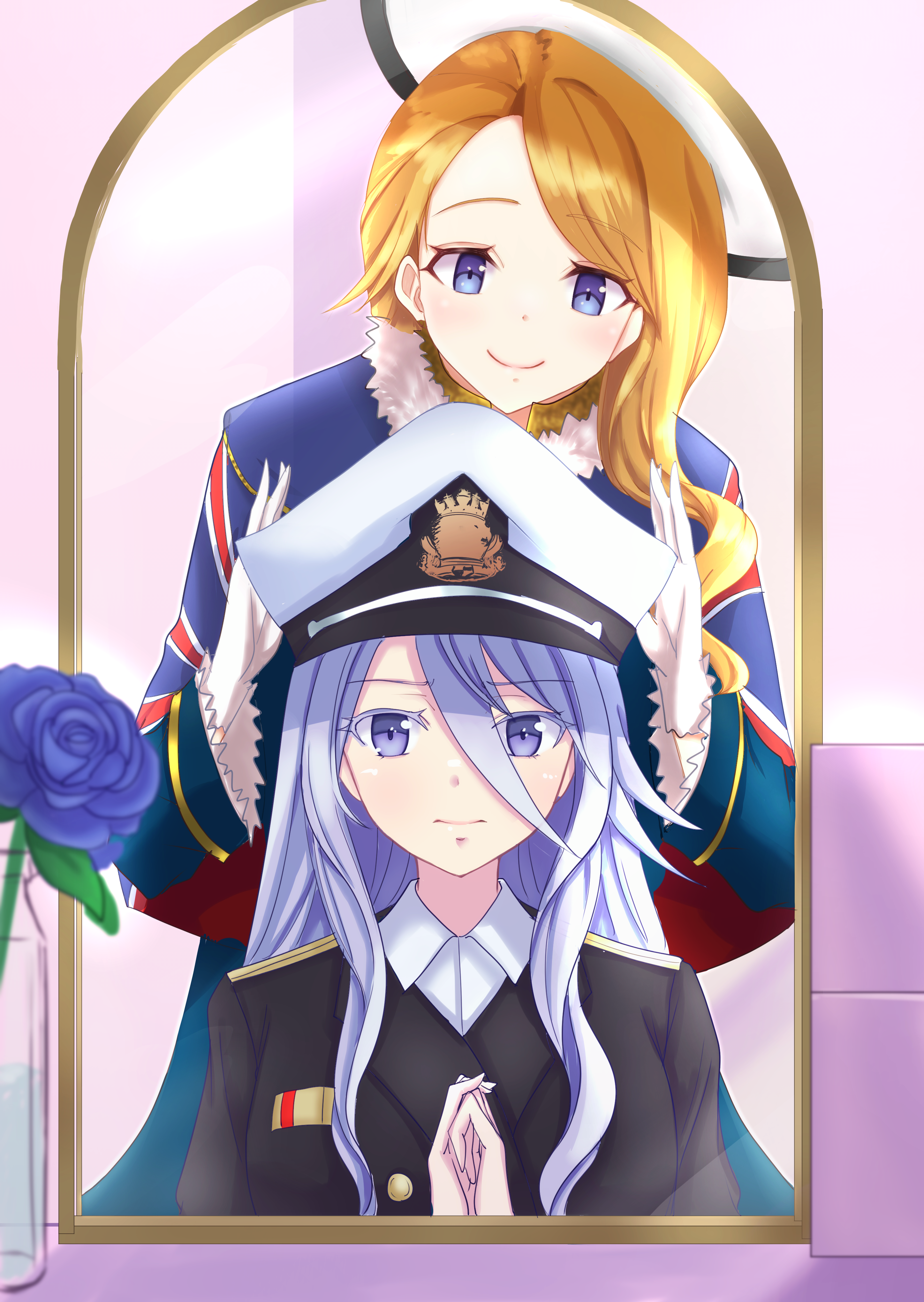 cotatubo, hood (azur lane), vladilena millize, 86 -eightysix-, azur lane, absurdres, commentary request, commission, highres, pixiv commission, 2girls, alternate costume, black jacket, blonde hair, blue capelet, blue eyes, blue hair, blue jacket, blush, capelet, closed mouth, collared shirt, crossover, earrings, epaulettes, flower, fur-trimmed capelet, fur trim, gloves, hair between eyes, hair over shoulder, hat, indoors, jacket, jewelry, long bangs, long hair, military, military hat, military jacket, military uniform, mirror, multiple girls, naval uniform, own hands together, peaked cap, purple flower, purple rose, ribbon bar, rose, royal navy emblem (azur lane), shirt, sidelocks, sitting, smile, sunlight, table, tilted headwear, union jack, union jack print, vanity table, vase, white gloves, white hat, white shirt