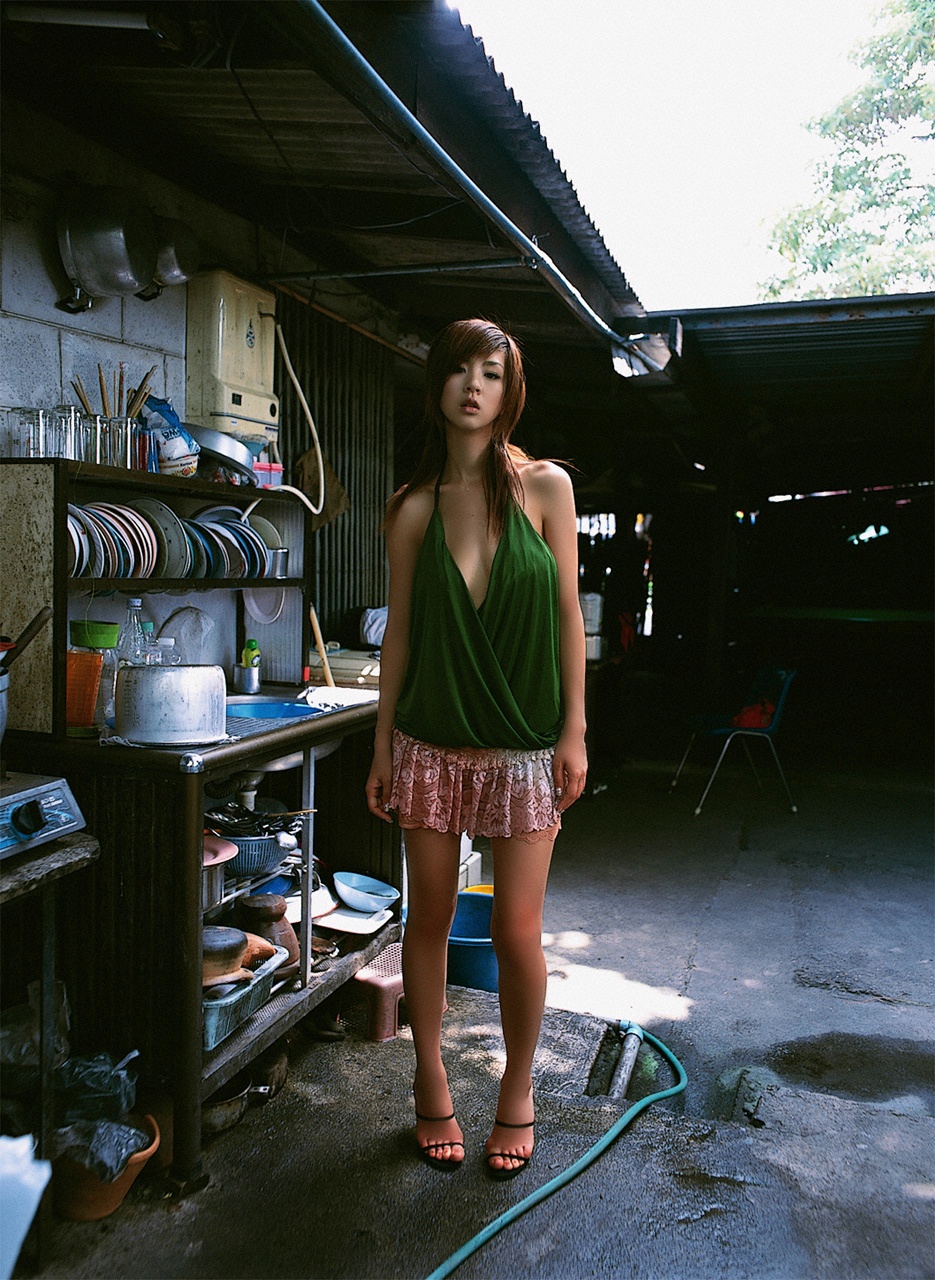 hoshino aki, highres, photo (medium), bug, butterfly, halterneck, kitchen, miniskirt, skirt