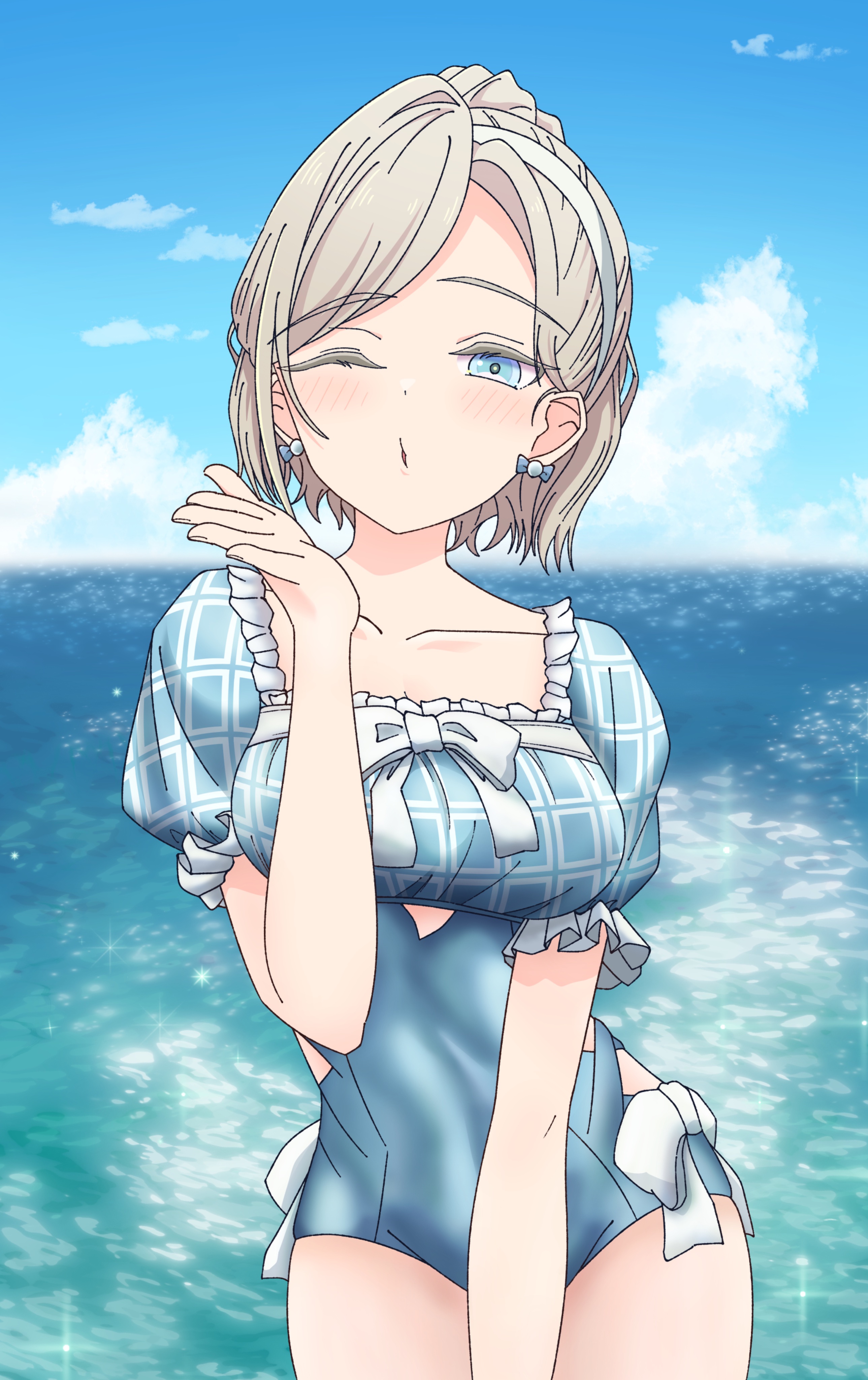 kara iroha, ceras yanagida lilienfeld, comiket 106, link! like! love live!, love live!, absurdres, commentary request, highres, 1girl, blowing kiss, blue eyes, blue one-piece swimsuit, bow, bow earrings, breasts, ceras yanagida lilienfeld (c106 swimsuit), collarbone, cowboy shot, earrings, frilled one-piece swimsuit, frills, grey hair, hair bun, horizon, jewelry, large breasts, looking at viewer, ocean, official alternate costume, one-piece swimsuit, puckered lips, puffy short sleeves, puffy sleeves, short hair, short sleeves, single hair bun, sleeved one-piece swimsuit, solo, standing, swimsuit, virtual youtuber