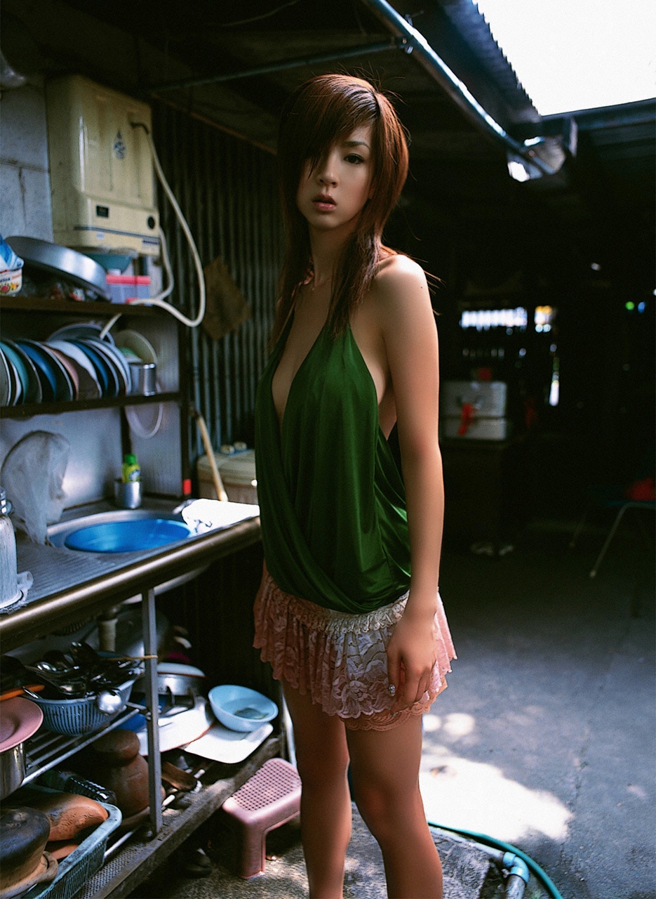 hoshino aki, highres, photo (medium), bug, butterfly, halterneck, kitchen, miniskirt, skirt
