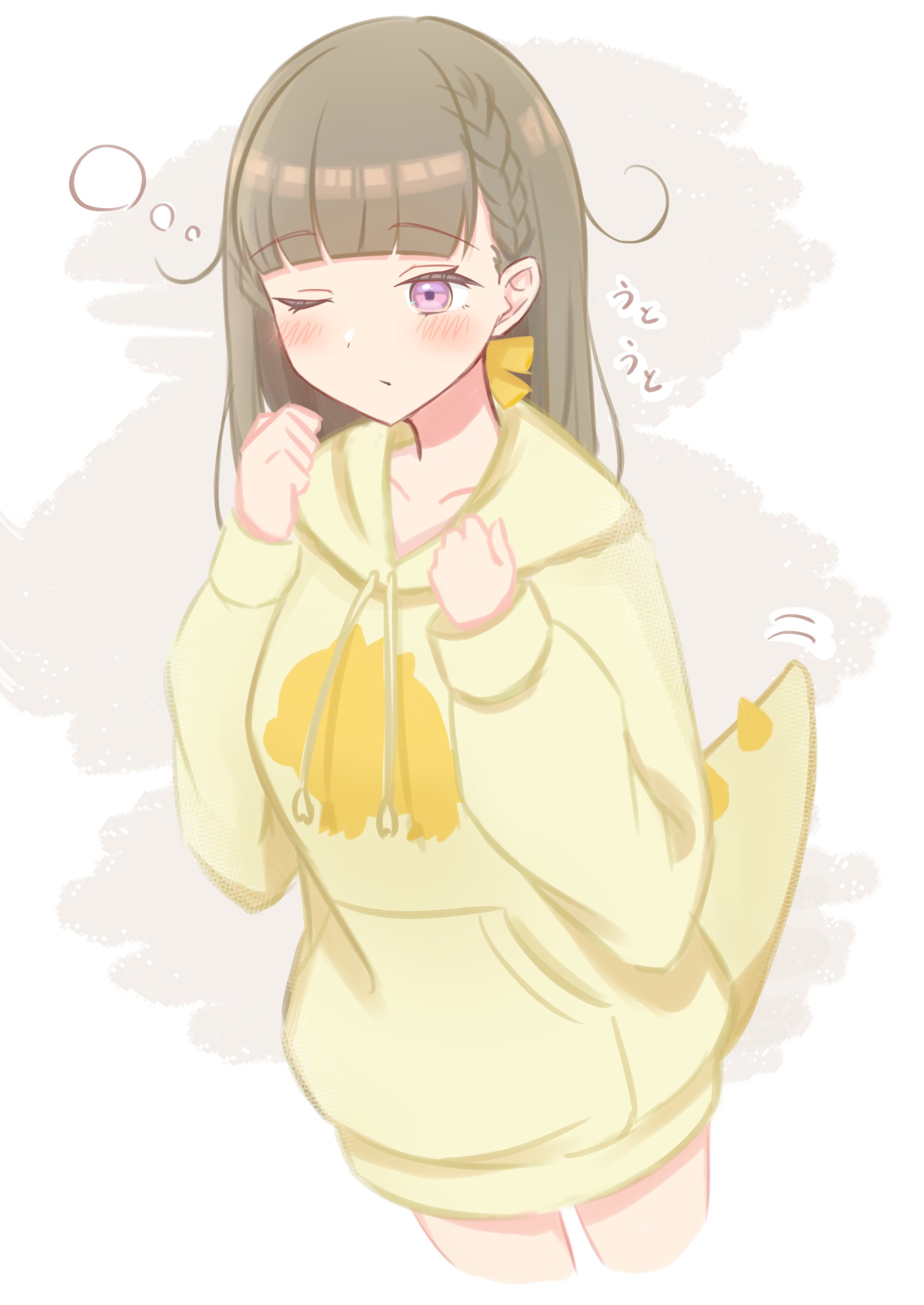 iroha (nami3), kachimachi kosuzu, link! like! love live!, love live!, absurdres, commentary request, highres, 1girl, bow, braid, brown hair, center-flap bangs, collarbone, cowboy shot, cropped legs, dinosaur tail, fake tail, grey background, hair bow, hood, hood down, hoodie, kachimachi kosuzu (sega lucky lottery sleepwear), long hair, long sleeves, loose hair strand, official alternate costume, side braids, simple background, sleepy, solo, squeans, standing, tail, virtual youtuber, yellow bow, yellow hoodie