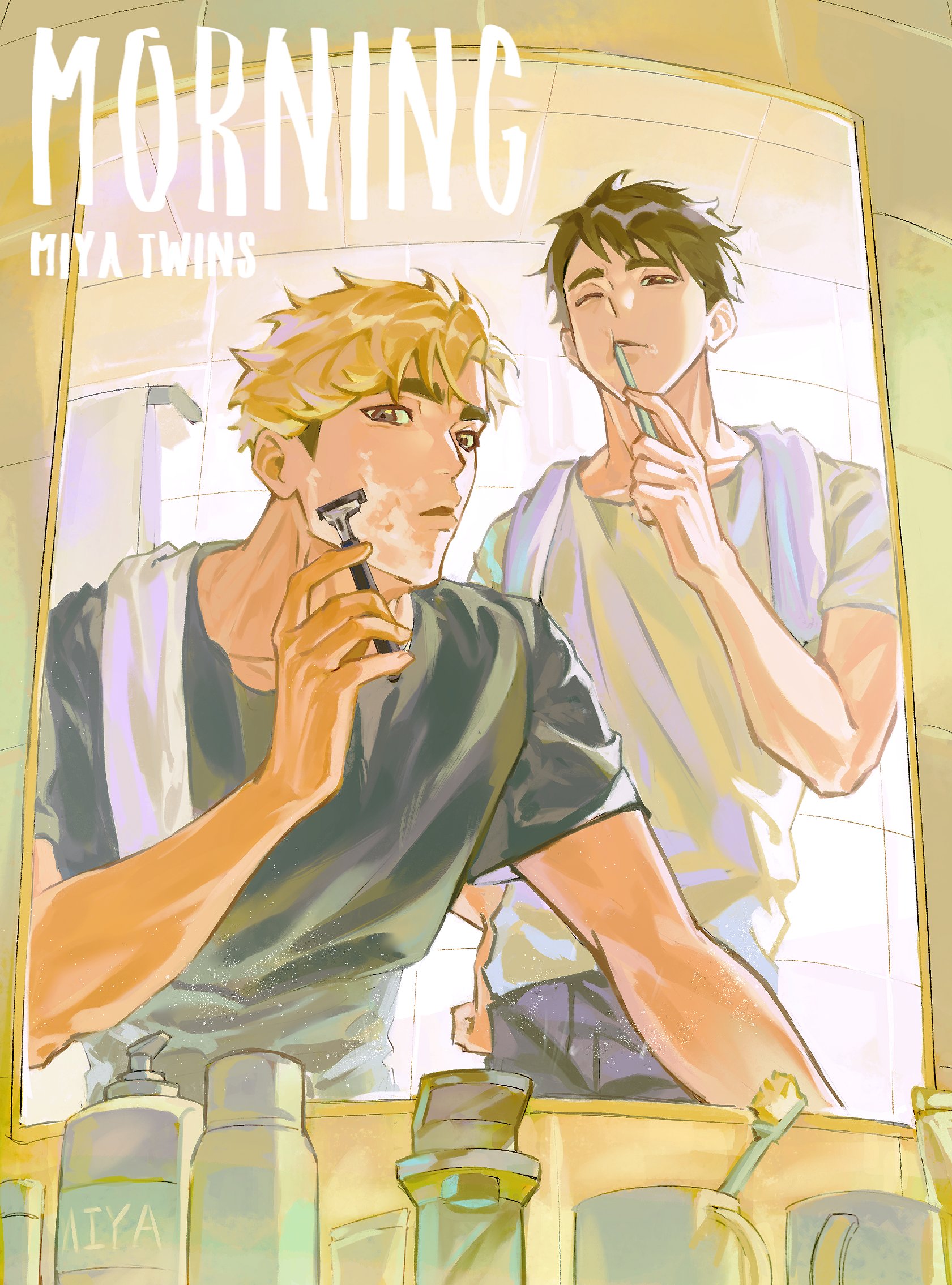 miya atsumu, miya osamu, haikyuu!!, commentary, english commentary, highres, 2boys, alternate costume, black pants, black shirt, blonde hair, brothers, brown hair, brushing teeth, english text, from above, holding, holding toothbrush, looking at mirror, male focus, mirror, multiple boys, one eye closed, pants, razor, sand1531848, shaving, shaving beard, shaving cream, shirt, short hair, siblings, sideburns, toothbrush, toothbrush in mouth, towel, towel around neck, twins, undercut, white shirt
