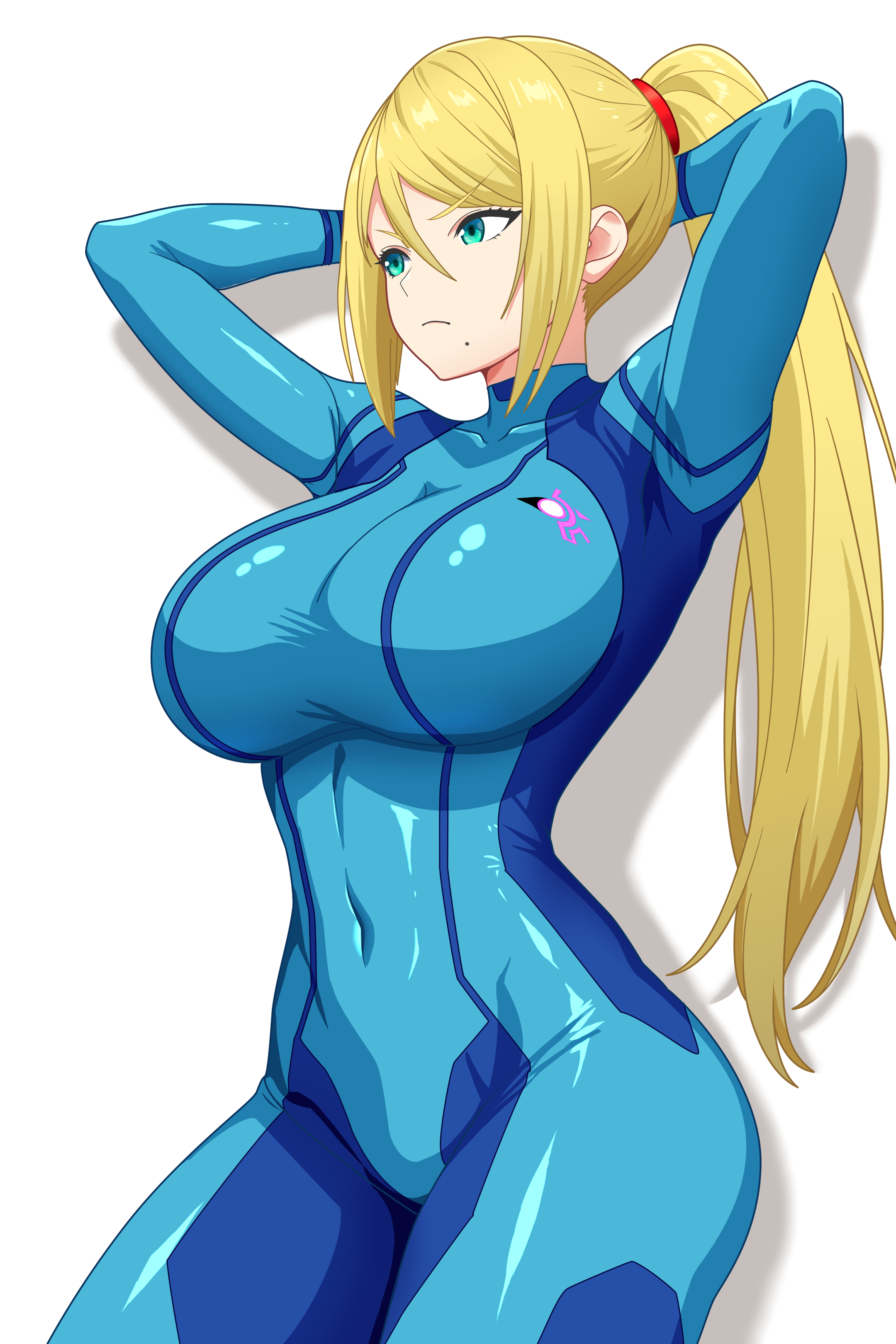 buni guun, samus aran, metroid, nintendo, absurdres, highres, 1girl, aqua eyes, arms up, blonde hair, blue bodysuit, bodysuit, breasts, covered navel, frown, high ponytail, large breasts, long hair, looking to the side, mole, mole under mouth, ponytail, simple background, skin tight, solo, v-shaped eyebrows, very long hair, white background, zero suit