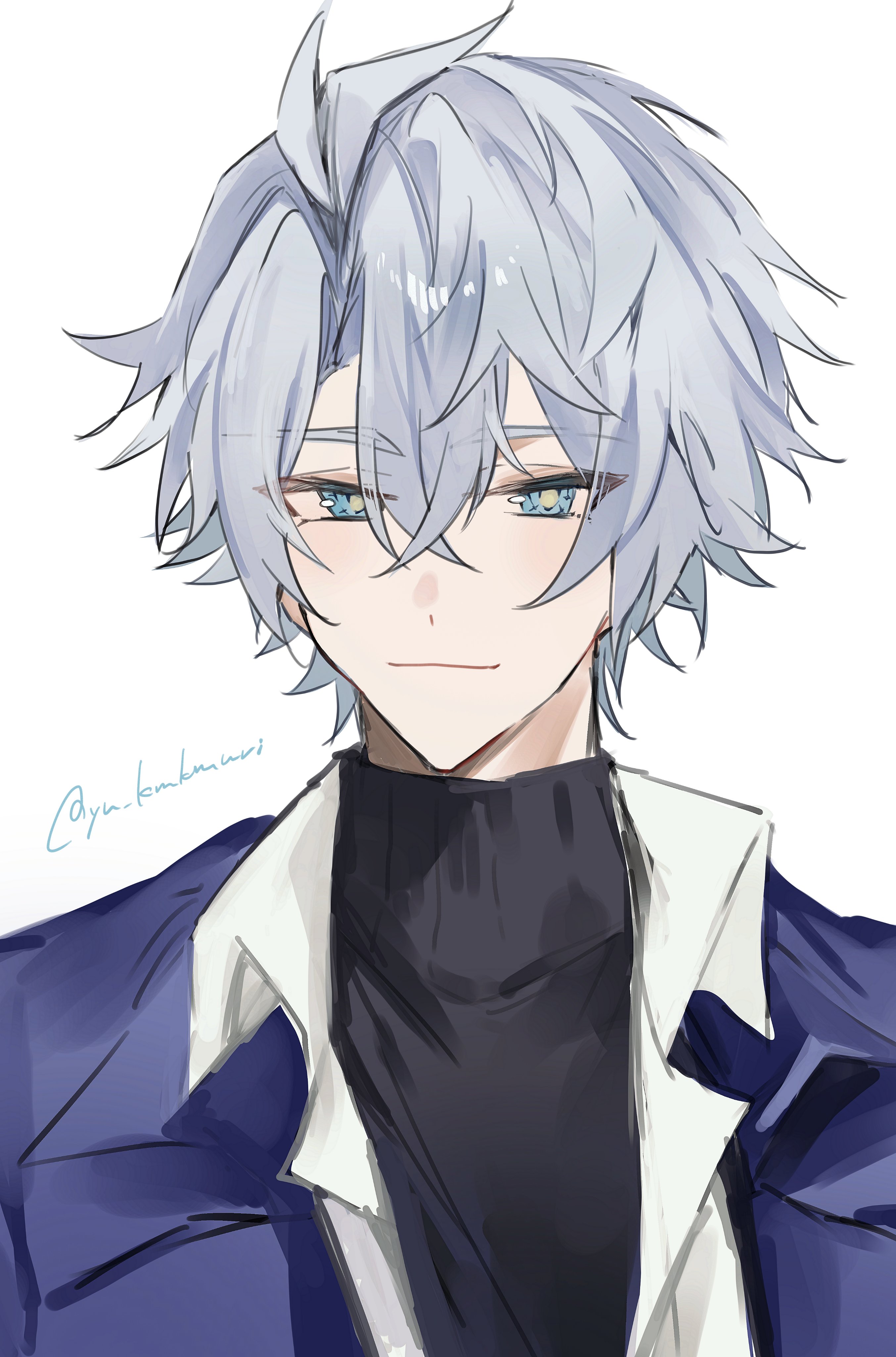 phainon (honkai: star rail), honkai: star rail, honkai (series), absurdres, highres, 1boy, antenna hair, black sweater, blue coat, blue eyes, closed mouth, coat, crossed bangs, grey hair, hair between eyes, looking at viewer, male focus, official alternate costume, open clothes, open coat, open shirt, parted bangs, phainon (luckin coffee) (honkai: star rail), shirt, short hair, simple background, smile, solo, sweater, turtleneck, turtleneck sweater, twitter username, upper body, white background, white shirt, yellow pupils, yu kmkmuri