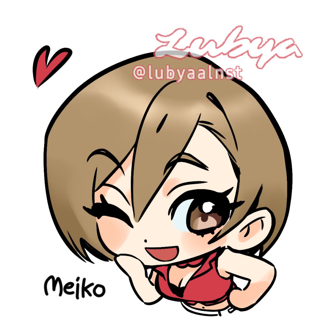 meiko (vocaloid), vocaloid, commentary, 1girl, brown eyes, brown hair, character name, chibi, chibi only, crop top, hand on own face, hand on own hip, heart, lubya, one eye closed, open mouth, red shirt, shirt, short hair, signature, sleeveless, sleeveless shirt, smile, solo, twitter username