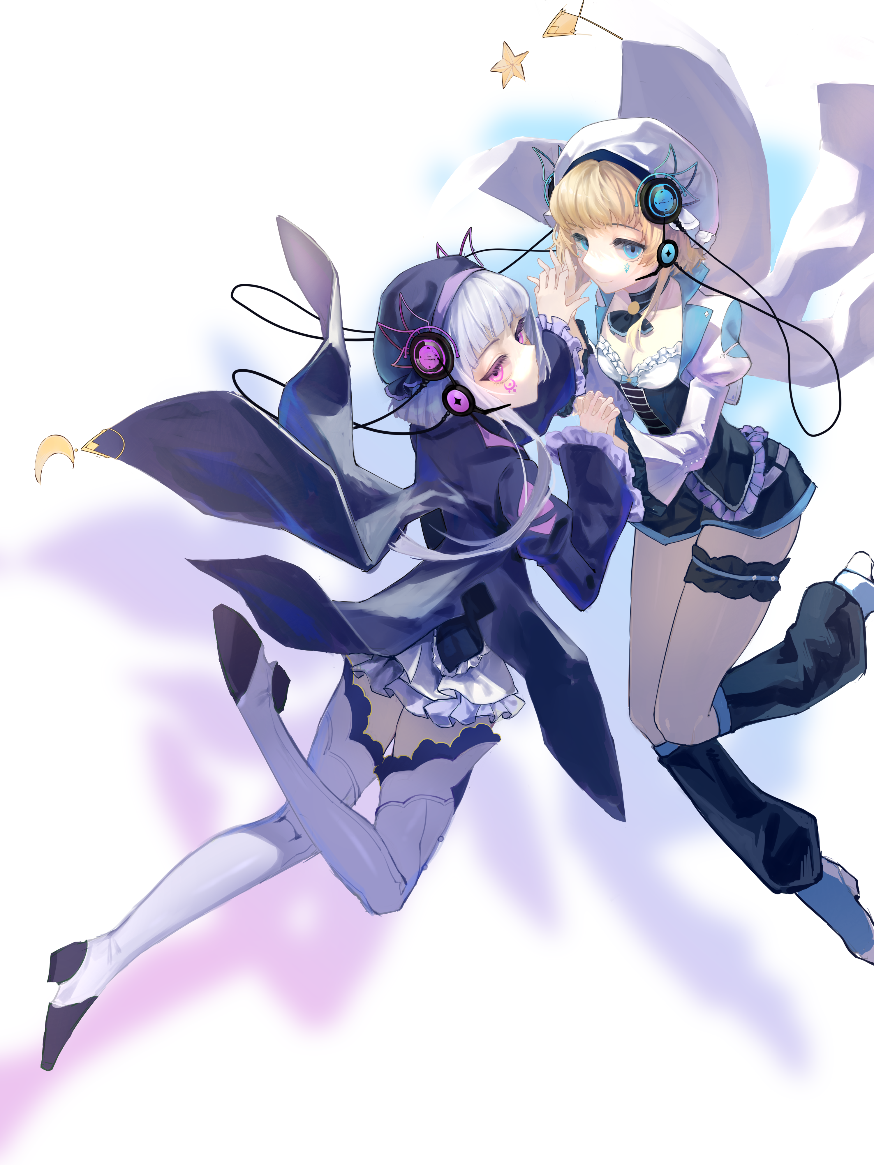eto (arcaea), luna (arcaea), arcaea, absurdres, highres, 2girls, beret, black boots, black bow, black cape, black hat, black ribbon, black shirt, black shoes, black shorts, blonde hair, blue bow, blue eyes, blue shirt, boots, bow, buttons, cable, cape, crescent, curly hair, expressionless, facial tattoo, frilled sleeves, frilled thighhighs, frills, hat, interlocked fingers, large buttons, layered skirt, leg ribbon, long hair, long sleeves, miniskirt, multiple girls, pleated skirt, purple boots, purple bow, purple eyes, purple skirt, purple thighhighs, ribbon, scissors, shirt, shoes, short hair, shorts, siblings, skirt, smile, star (symbol), star tattoo, straight hair, tattoo, thigh boots, thigh strap, thighhighs, twins, white bow, white cape, white hair, white hat, wrist cuffs, yuri