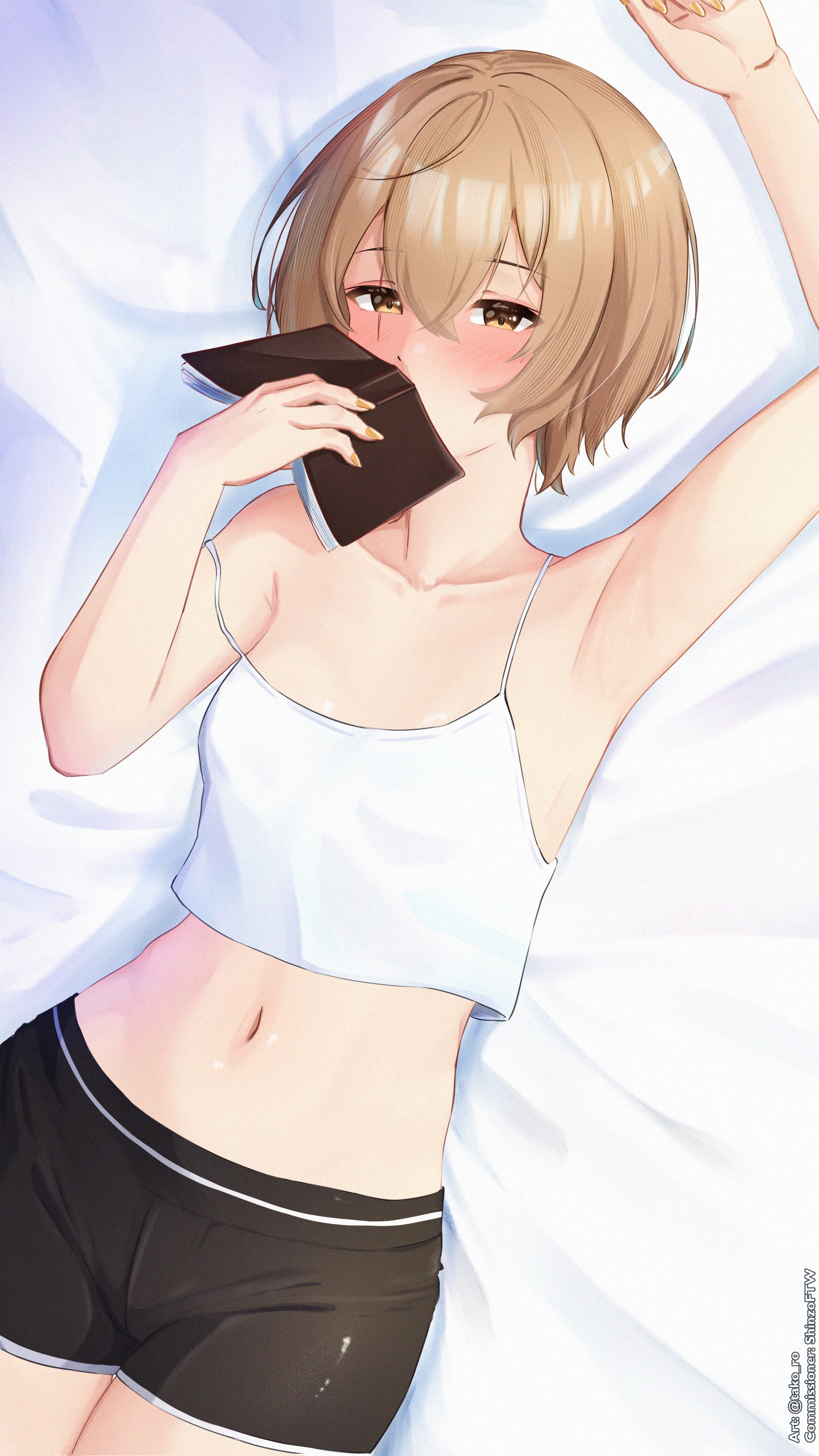 takoroki, clio aite, phase connect, absurdres, highres, armpits, black shorts, blush, book, brown eyes, brown hair, covering own mouth, holding, holding book, scar, scar across eye, scar on face, shorts, tank top, virtual youtuber, white tank top