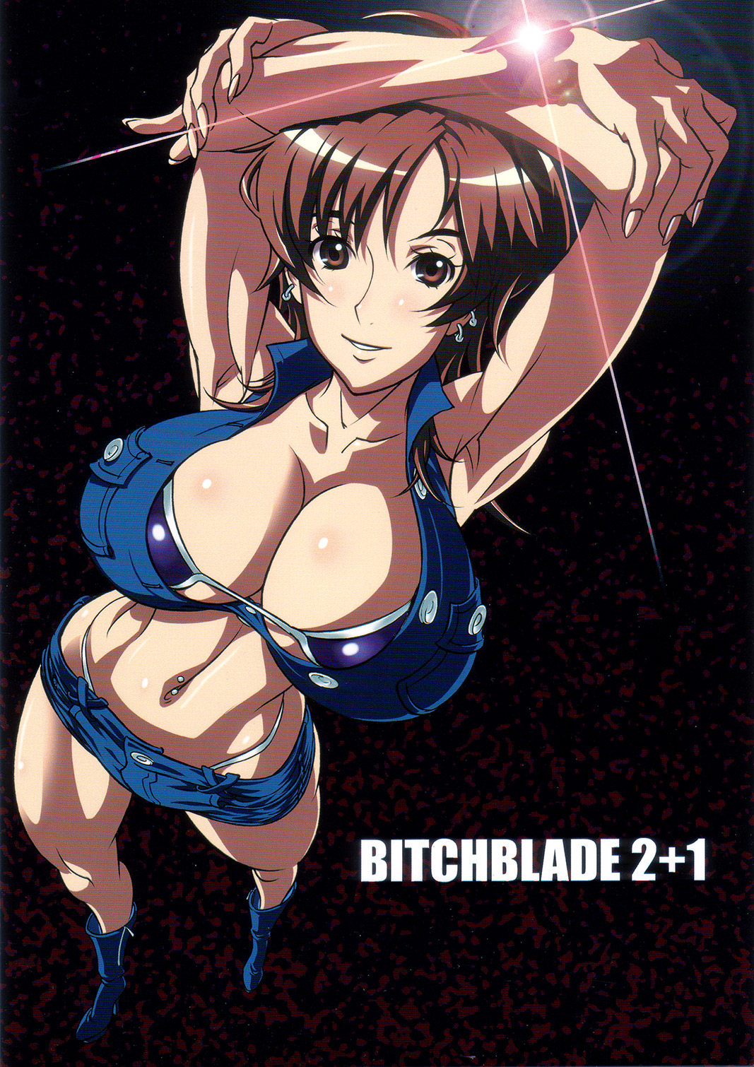 suna (sandworks), amaha masane, witchblade, highres, 00s, 1girl, armpits, arms up, bikini, bikini top only, blue boots, boots, bracelet, breasts, brown eyes, brown hair, bursting breasts, center opening, cleavage, collarbone, crop top, crossed arms, curvy, denim, denim shorts, ear piercing, earrings, eyelashes, female focus, fingernails, foreshortening, french nails, glowing, huge breasts, jewelry, light smile, long fingernails, looking at viewer, mature female, miniskirt, navel, navel piercing, parted bangs, parted lips, piercing, shirt, short hair, short shorts, shorts, skirt, sleeveless, sleeveless shirt, smile, solo, sparkle, standing, swimsuit