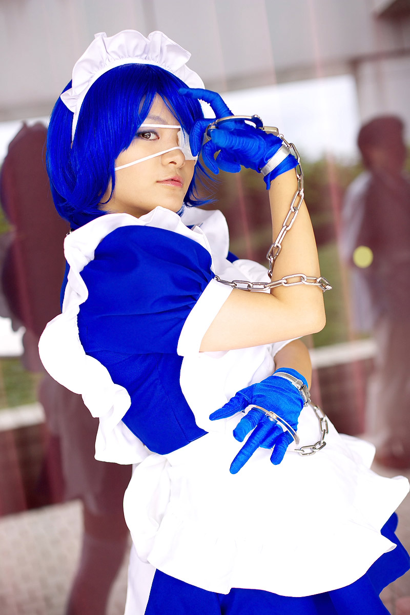 riori, ryomou shimei, ikkitousen, highres, photo (medium), apron, cosplay, cuffs, eyepatch, gloves, handcuffs, maid, maid apron, ryomou shimei (cosplay)