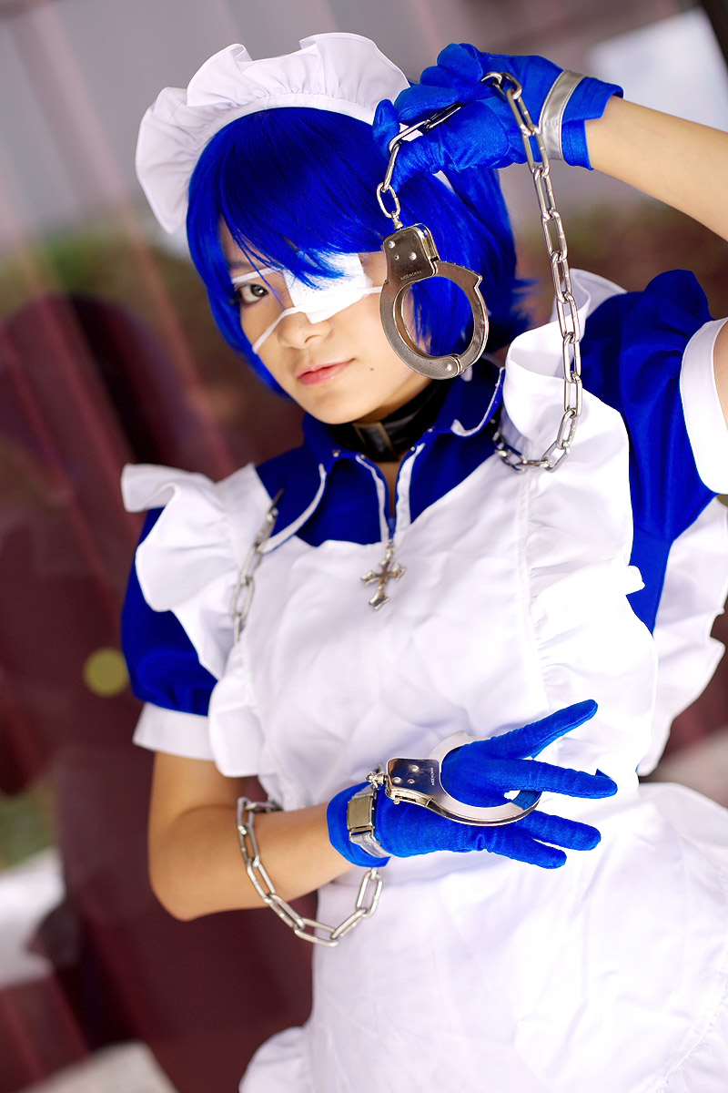 riori, ryomou shimei, ikkitousen, highres, photo (medium), apron, cosplay, cuffs, eyepatch, gloves, handcuffs, maid, maid apron, ryomou shimei (cosplay)