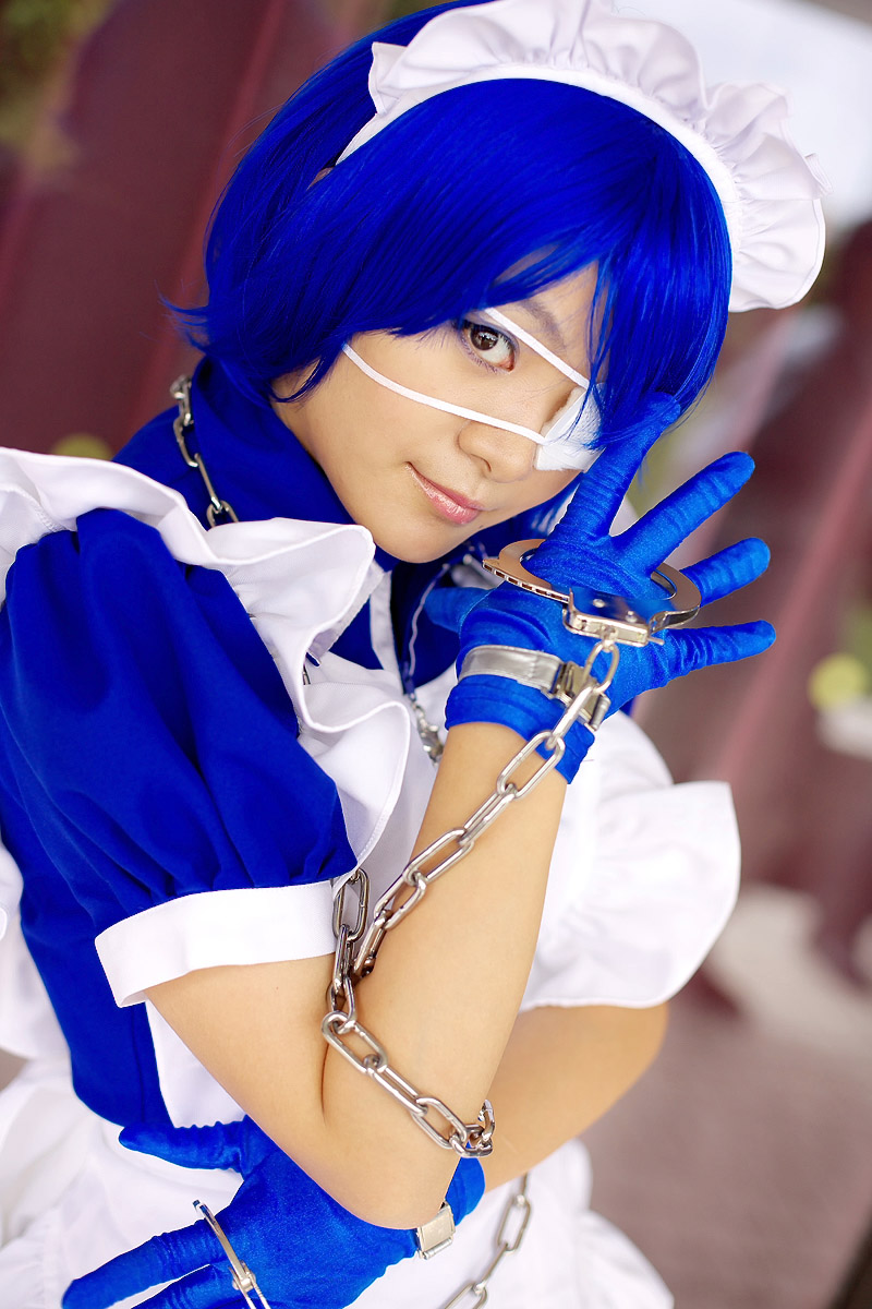 riori, ryomou shimei, ikkitousen, highres, photo (medium), apron, cosplay, cuffs, eyepatch, gloves, handcuffs, maid, maid apron, ryomou shimei (cosplay)