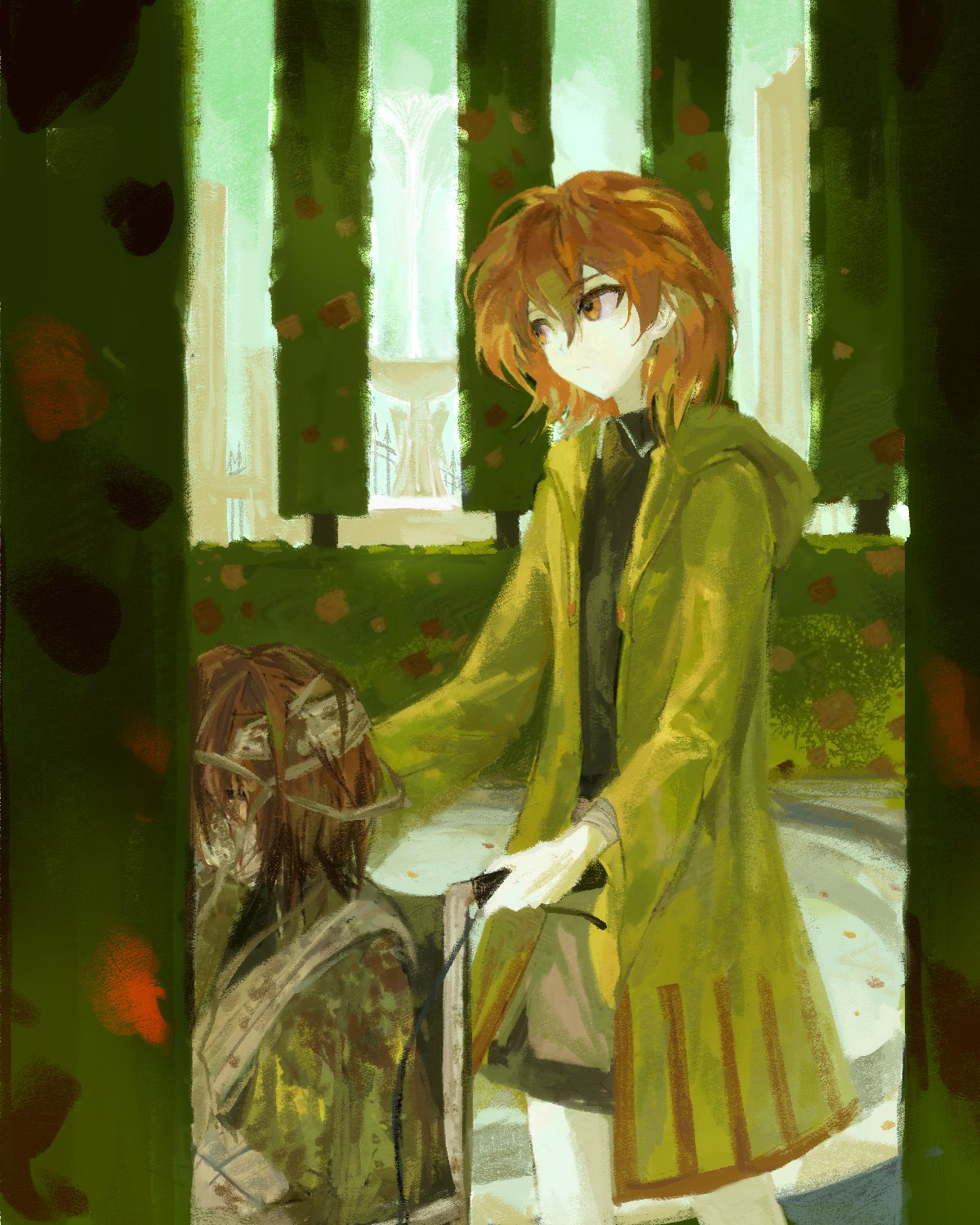 shitodo hooaka, len'en, highres, 2others, androgynous, arm sling, bandage over one eye, bandaged wrist, bandages, bare legs, black shirt, blood, blood on clothes, blood on face, blue sky, brown shorts, cast, chair, closed mouth, collared shirt, day, dot nose, dual persona, expressionless, flower, fountain, garden, green jacket, hair between eyes, head tilt, hood, hood down, hooded jacket, intravenous drip, jacket, light frown, long sleeves, looking ahead, multiple others, on chair, open clothes, open jacket, other focus, outdoors, pushing wheelchair, red eyes, red flower, red hair, red rose, rose, rose bush, shirt, short hair, shorts, sitting, sky, solo focus, tree, walking, wheelchair, wide-eyed, wide sleeves, yancao (pixiv 103434280)