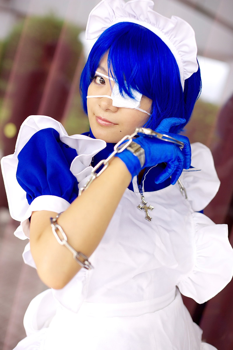 riori, ryomou shimei, ikkitousen, highres, photo (medium), apron, cosplay, cuffs, eyepatch, gloves, handcuffs, maid, maid apron, ryomou shimei (cosplay)