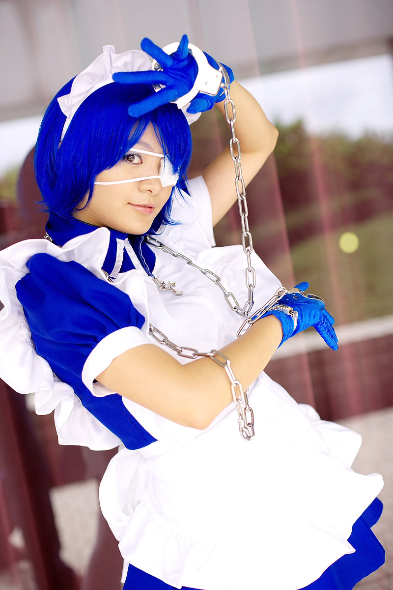 riori, ryomou shimei, ikkitousen, highres, photo (medium), apron, cosplay, cuffs, eyepatch, gloves, handcuffs, maid, maid apron, ryomou shimei (cosplay)
