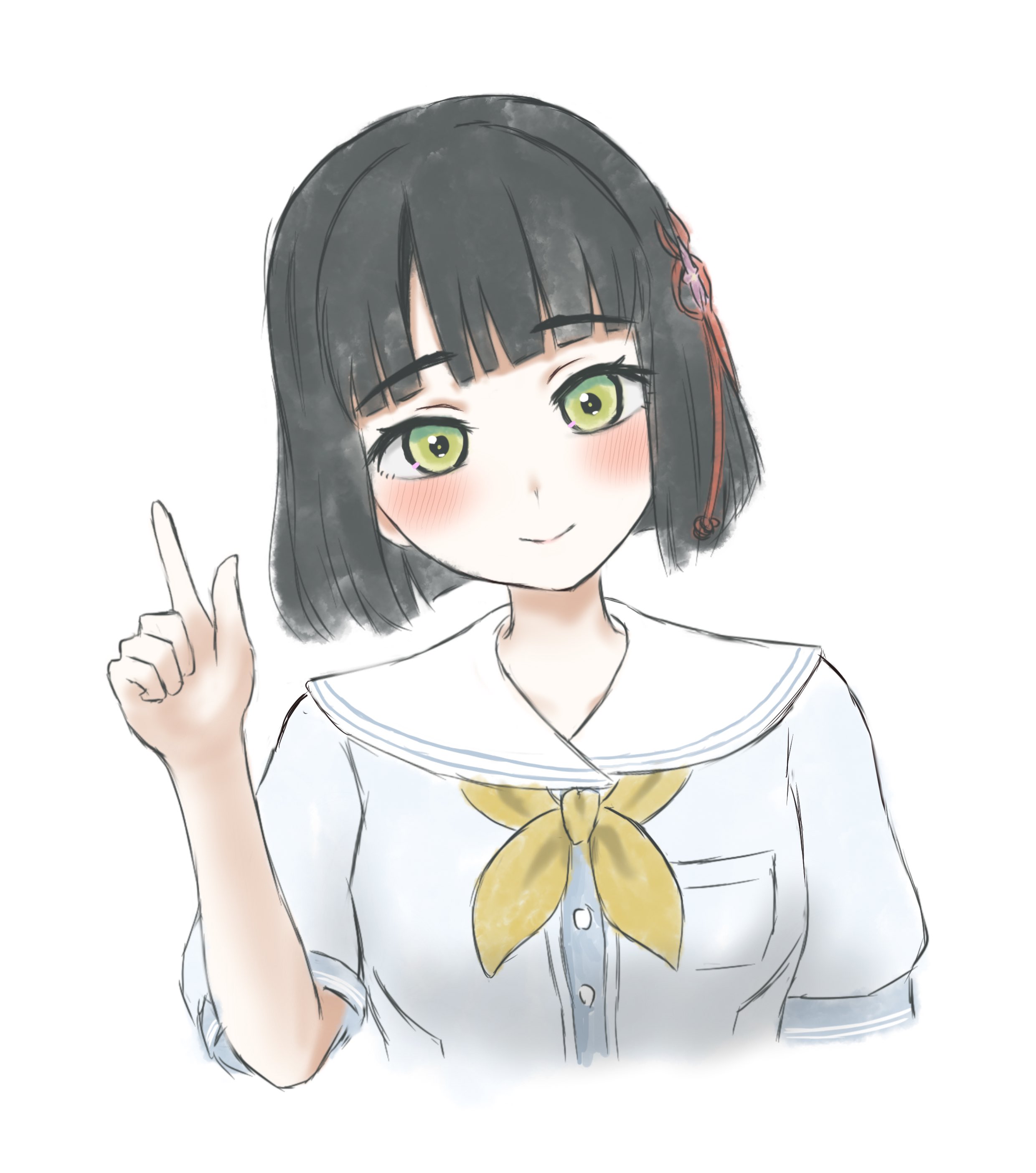 ponyou1030, momose ginko, link! like! love live!, love live!, absurdres, commentary, highres, 1girl, black hair, blunt bangs, blunt ends, blush, bob cut, breast pocket, breasts, closed mouth, cropped torso, dress, green eyes, hasu no sora school uniform, head tilt, index finger raised, medium breasts, neckerchief, pocket, puffy short sleeves, puffy sleeves, sailor collar, sailor dress, school uniform, short hair, short sleeves, simple background, smile, solo, summer uniform, virtual youtuber, white background, white dress, white sailor collar, yellow neckerchief