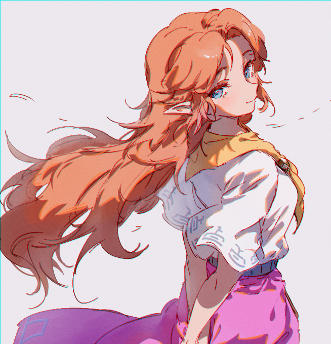 rain rkgk, malon, nintendo, the legend of zelda, the legend of zelda: ocarina of time, 1girl, arms behind back, blue eyes, closed mouth, grey background, long hair, looking at viewer, neckerchief, orange hair, pointy ears, purple skirt, shirt, shirt tucked in, simple background, skirt, smile, solo, white shirt, yellow neckerchief