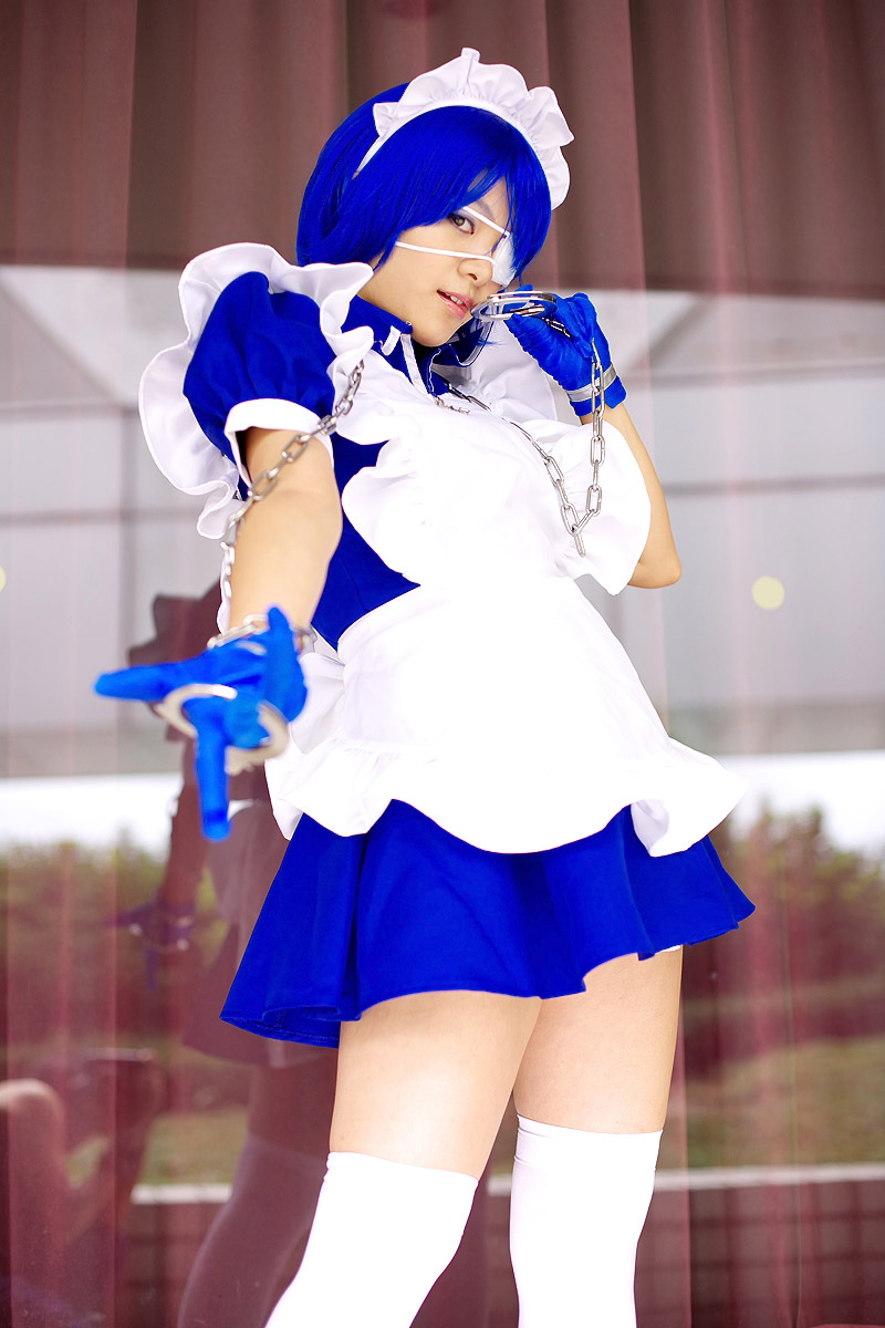 riori, ryomou shimei, ikkitousen, highres, photo (medium), apron, cosplay, cuffs, eyepatch, gloves, handcuffs, maid, maid apron, ryomou shimei (cosplay), thighhighs