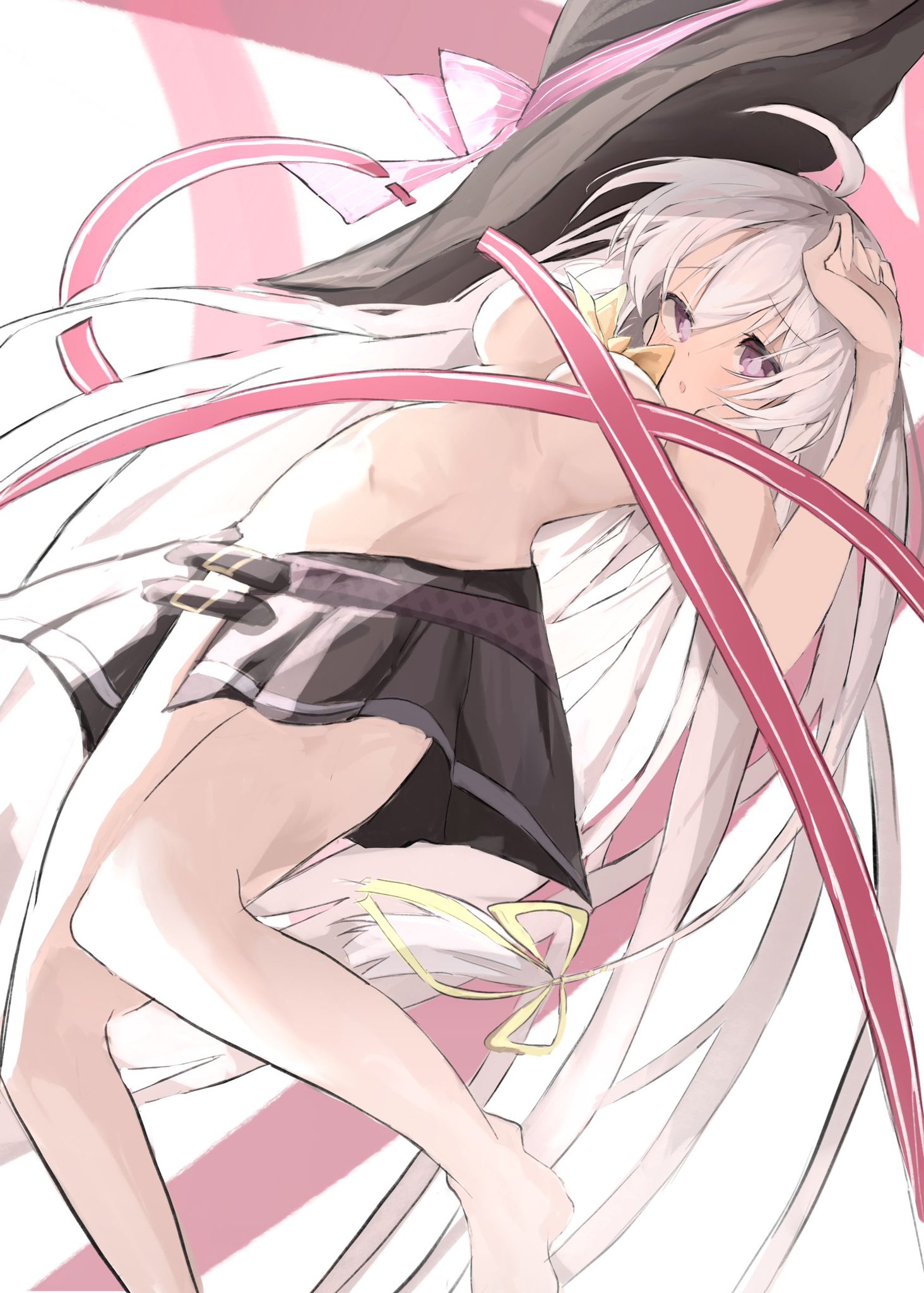 shiro rei419, ayachi nene, sanoba witch, commentary request, highres, 1girl, :o, ahoge, barefoot, black hat, black skirt, blush, bow, bowtie, breasts, convenient censoring, dutch angle, floating hair, foot out of frame, furrowed brow, grey hair, hair between eyes, hair ribbon, hat, hat bow, henshin, large breasts, long hair, long ribbon, looking at viewer, miniskirt, no bra, open mouth, pink bow, pink ribbon, pleated skirt, purple eyes, ribbon, school uniform, sidelighting, simple background, skirt, solo, stomach, straight hair, very long hair, white background, witch, witch hat, yellow bow, yellow bowtie, yellow ribbon