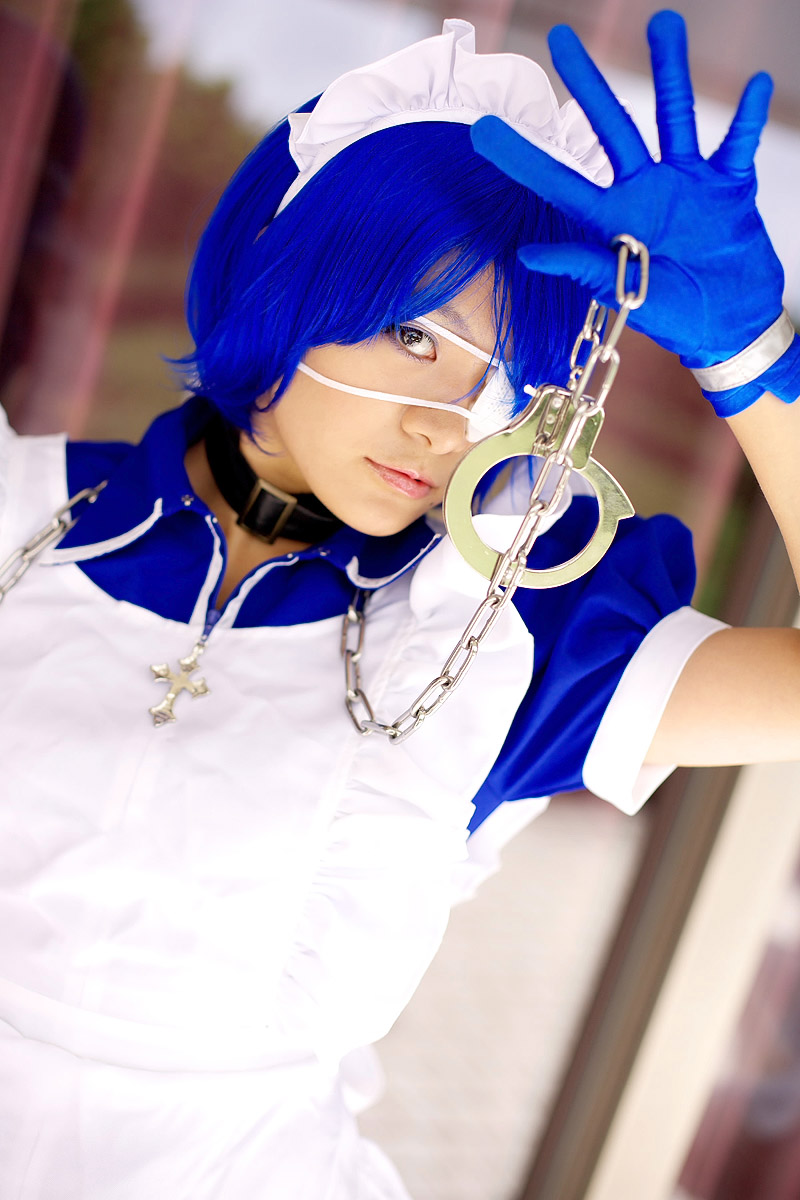 riori, ryomou shimei, ikkitousen, highres, photo (medium), apron, cosplay, cuffs, eyepatch, gloves, handcuffs, maid, maid apron, ryomou shimei (cosplay)