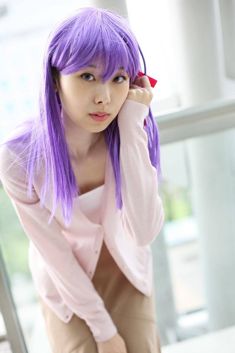 matou sakura, fate/stay night, fate (series), highres, photo (medium), camisole, cardigan, cosplay, hair ribbon, minato misa, purple hair, ribbon, skirt