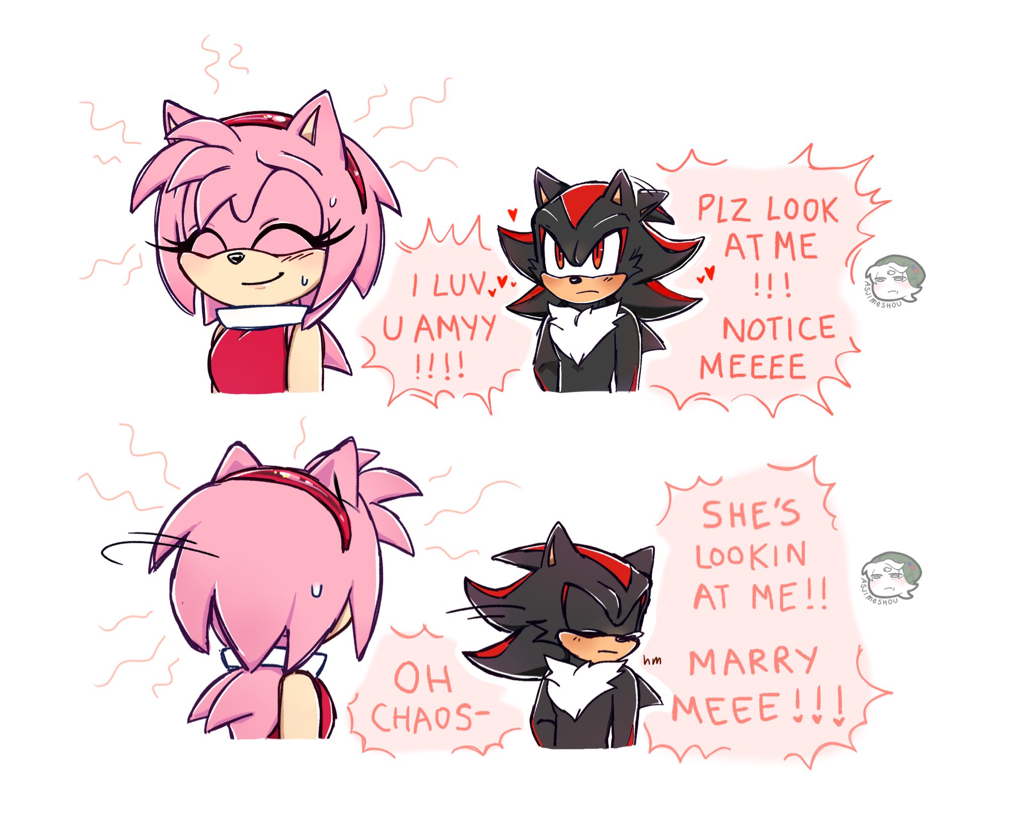 amy rose, shadow the hedgehog, sega, sonic (series), 1boy, 1girl, angry, artist name, asjimeshou, back, black fur, blush, closed eyes, crushing, embarrassed, english text, memes, pink fur, red eyes, shipping (fandom), smile, spiked hair, sweatdrop, thinking, tsundere, white background