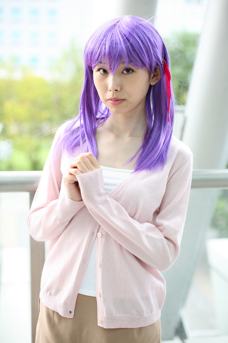 matou sakura, fate/stay night, fate (series), highres, photo (medium), camisole, cardigan, cosplay, hair ribbon, minato misa, purple hair, ribbon, skirt