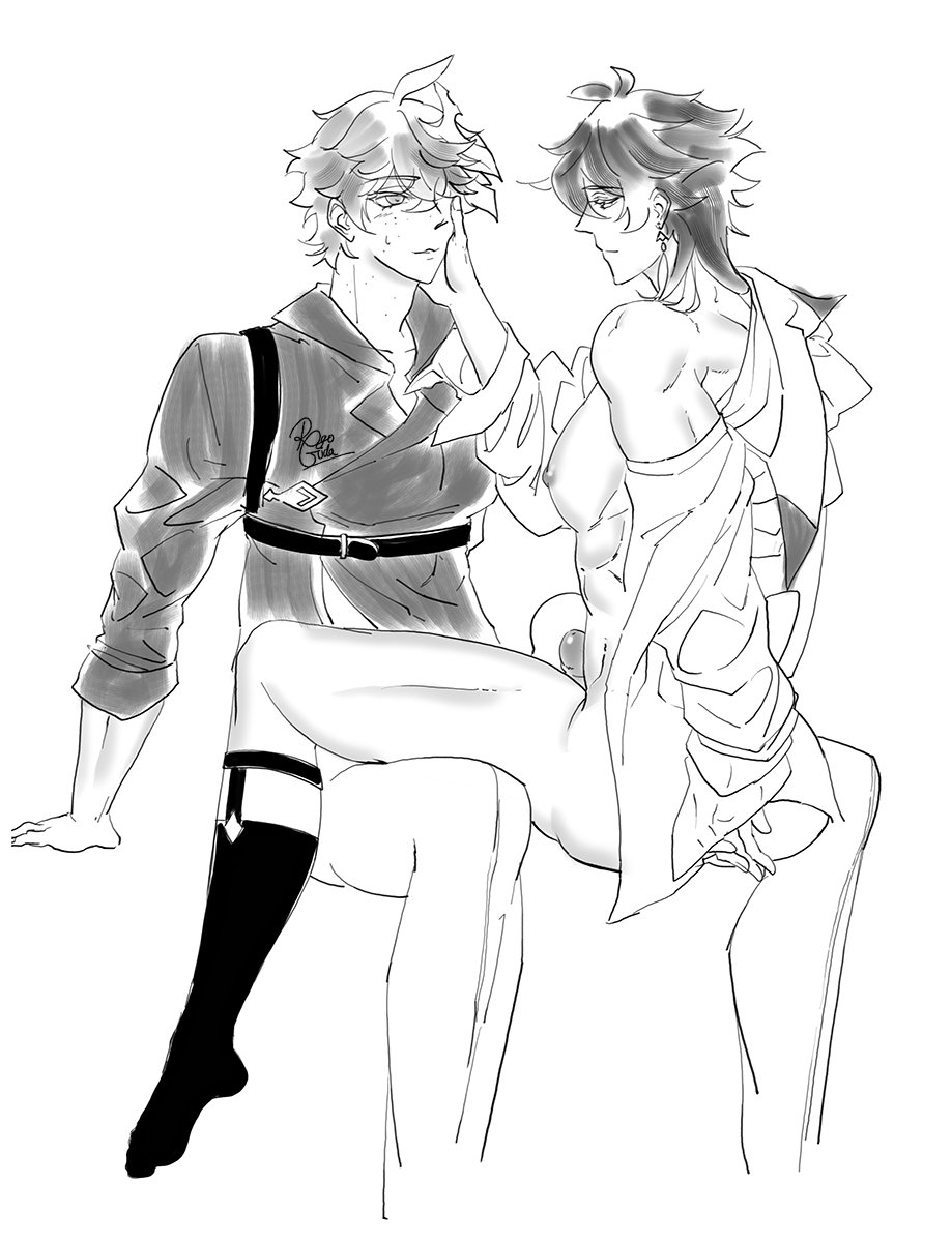tartaglia (genshin impact), zhongli (genshin impact), genshin impact, twitter, 2boys, ankle socks, bare shoulders, caressing cheek, clothed male nude male, ergogida, greyscale, monochrome, multiple boys, nipples, nude, penis, sex, socks, spread legs, white background, yaoi
