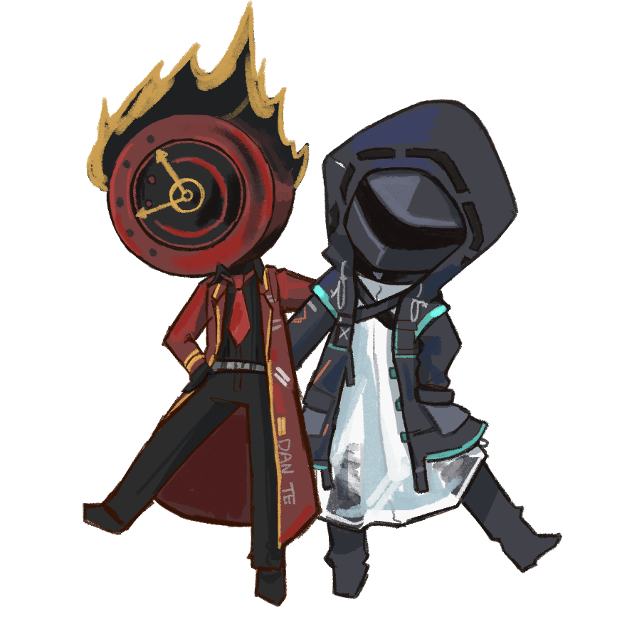 tori (alpaca-alpaca), dante (limbus company), doctor (arknights), arknights, limbus company, project moon, commentary request, 2others, belt, black jacket, black pants, black shirt, black shoes, character name, clock, coat, collared shirt, crossover, fire, full body, grey belt, hand in pocket, hand on own hip, helmet, hood, hooded jacket, jacket, lap, long sleeves, multiple others, necktie, object head, open clothes, open coat, open jacket, other focus, pants, red coat, red necktie, robe, shirt, shoes, simple background, standing, standing on one leg, suspenders, white background, white robe