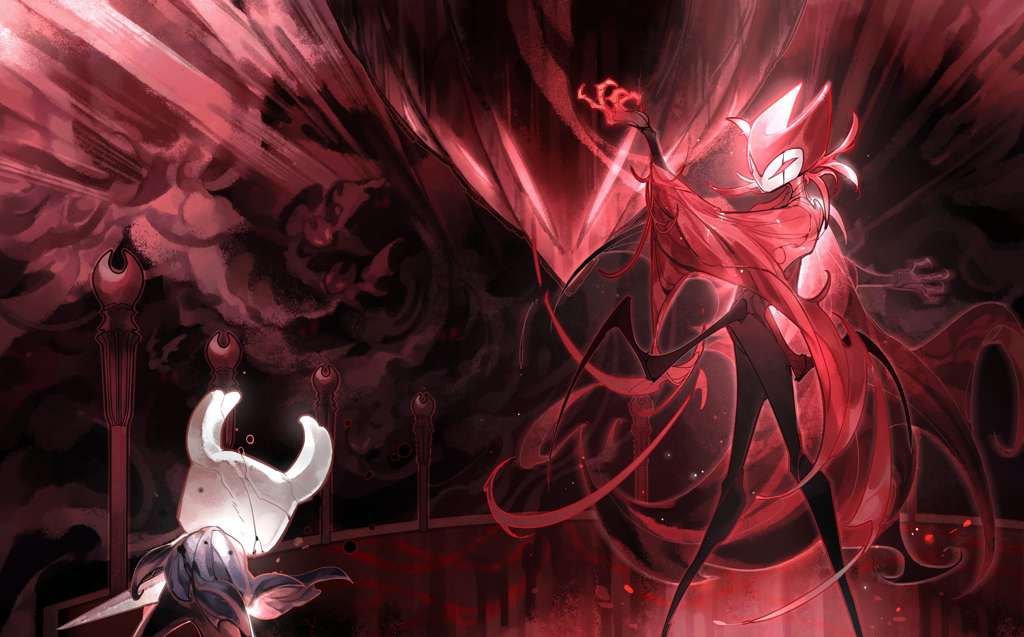 darkdog, grimm (hollow knight), knight (hollow knight), hollow knight, highres, 1boy, 1other, battle, blank eyes, blue cloak, bug, cape, claws, cloak, crack, cracked mask, holding, holding weapon, horned mask, horns, mask, nail (hollow knight), red cape, red eyes, weapon, white mask