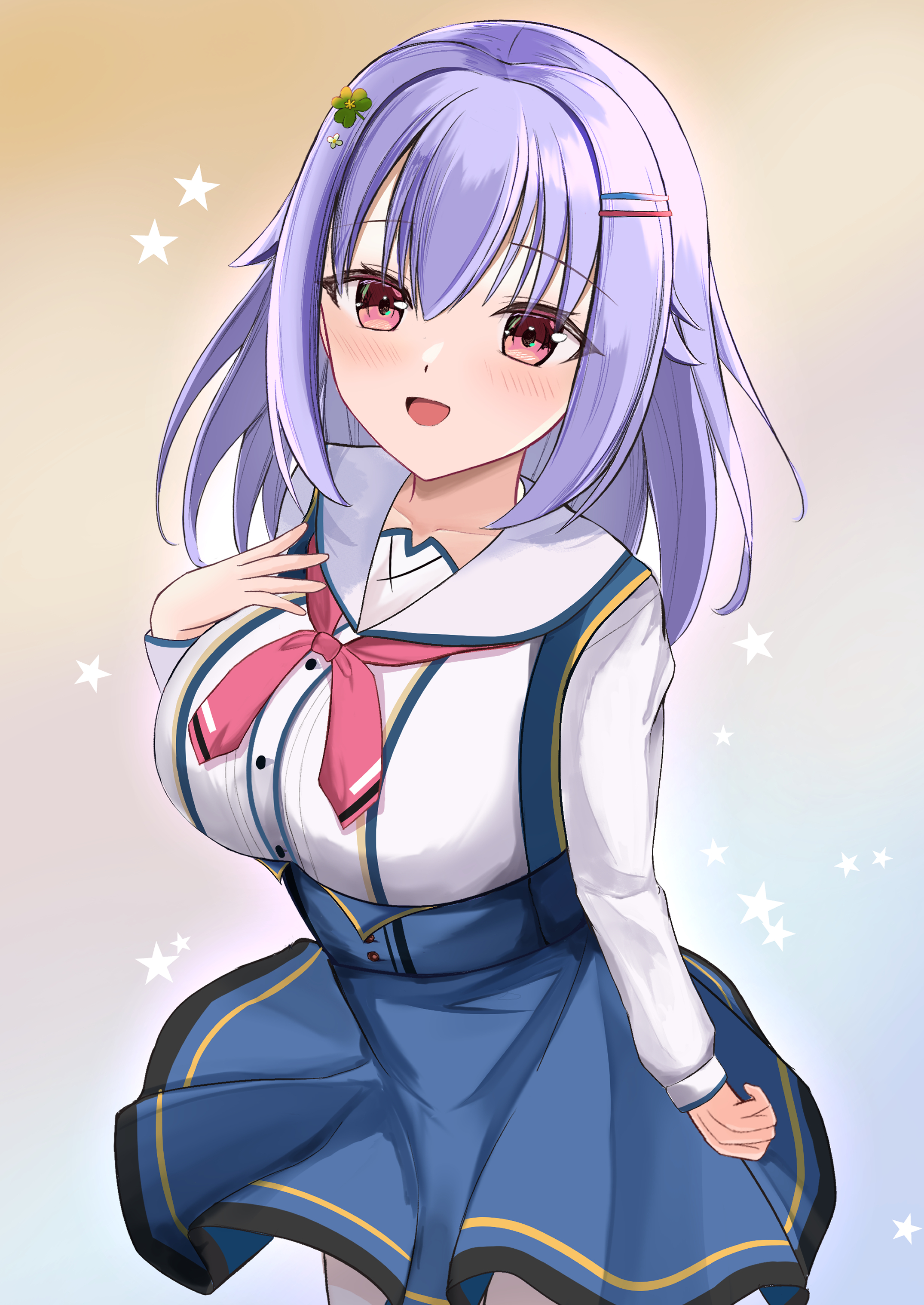 julinailia, touri, select oblige, absurdres, commentary request, highres, 1girl, :d, arm at side, blue hair, blue skirt, blush, breasts, cowboy shot, eyelashes, gradient background, hair between eyes, hair ornament, hairclip, hand up, high-waist skirt, large breasts, long sleeves, looking at viewer, medium hair, neckerchief, open mouth, parallel hairclips, pink neckerchief, red eyes, sailor collar, school uniform, serafuku, shirt, simple background, skirt, smile, solo, star (symbol), straight hair, suspender skirt, suspenders, white sailor collar, white shirt, yellow background