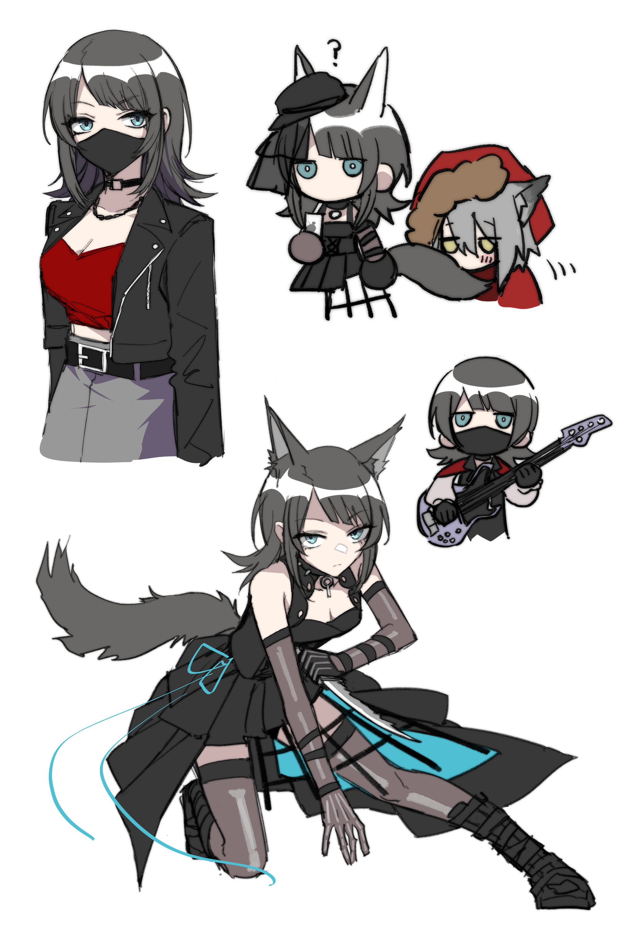 projekt red (arknights), timoris (bang dream!), yahata umiri, arknights, bang dream!, bang dream! it's mygo!!!!!, absurdres, chinese commentary, commentary request, highres, 2girls, ?, animal ears, bass guitar, black boots, black choker, black dress, black gloves, black hair, black jacket, black thighhighs, blue eyes, boots, breasts, capelet, chibi, choker, cleavage, closed mouth, crossover, dress, elbow gloves, fei fei fei jun, full body, gloves, grey skirt, holding, holding bass guitar, holding instrument, holding knife, holding weapon, instrument, jacket, kemonomimi mode, knee boots, knife, long sleeves, looking at viewer, mask, medium hair, mouth mask, multiple girls, multiple views, red capelet, red shirt, shirt, simple background, skirt, tail, thighhighs, weapon, white background, wolf ears, wolf girl, wolf tail, yahata umiri (moonlight executioner)