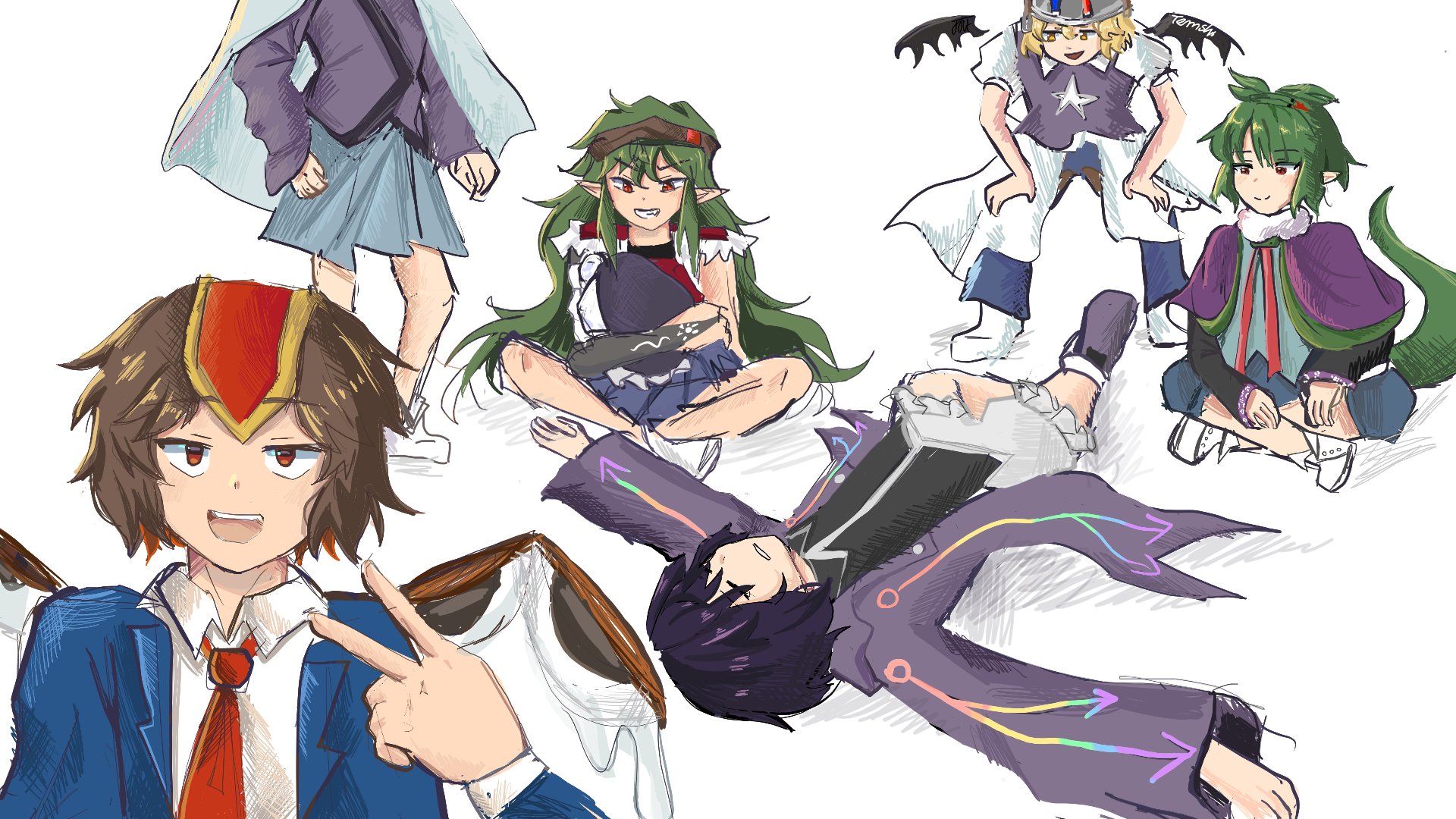temshi, adagumo no saragimaru, fujiwara no iyozane, kokutenshi hibaru, shitodo kuroji, taira no fumikado, umatachi tsugumi, len'en, derivative work, highres, screenshot redraw, 6+others, androgynous, armor, arrow print, bare legs, black bridal gauntlets, black shirt, blazer, blue hakama, blue jacket, blue pants, blue vest, boots, breastplate, bridal gauntlets, brown hair, brown headband, capelet, choker, closed eyes, closed mouth, coattails, collared jacket, collared shirt, collared socks, crossed ankles, crossed legs, death, dot nose, epaulettes, eye of senri, fang, floral print, frilled headwear, frilled shorts, frills, fur choker, green hair, grey helmet, grin, hair ornament, hakama, hakama short skirt, hakama skirt, hand on own hip, hands on own knees, hands on own legs, haori, happy, hat, head out of frame, headband, headgear, helmet, high ponytail, holding, holding unworn clothes, holding unworn hat, hood, hood down, hooded jacket, jacket, jacket on shoulders, japanese clothes, kimono, knee up, lapels, layered sleeves, leaning forward, long hair, long sleeves, looking at another, looking at viewer, lying, magnet, messy hair, mob cap, multiple others, necktie, notched lapels, on back, open clothes, open jacket, open mouth, other focus, outstretched arms, pants, parted lips, pointy ears, ponytail, puffy short sleeves, puffy shorts, puffy sleeves, purple boots, purple capelet, purple hair, purple hat, purple jacket, purple kimono, purple vest, red eyes, red necktie, shadow, shirt, short hair, short kimono, short ponytail, short sleeves, shorts, sidelocks, signature, simple background, single bridal gauntlet, sitting, skirt, sleeveless, sleeveless shirt, smile, snake hair ornament, snake tail, socks, split ponytail, star (symbol), star print, tail, tears, teeth, triangular headpiece, unworn hat, unworn headwear, upper teeth only, v, very long hair, vest, white background, white boots, white choker, white shirt, white shorts, white socks, wings, zipper