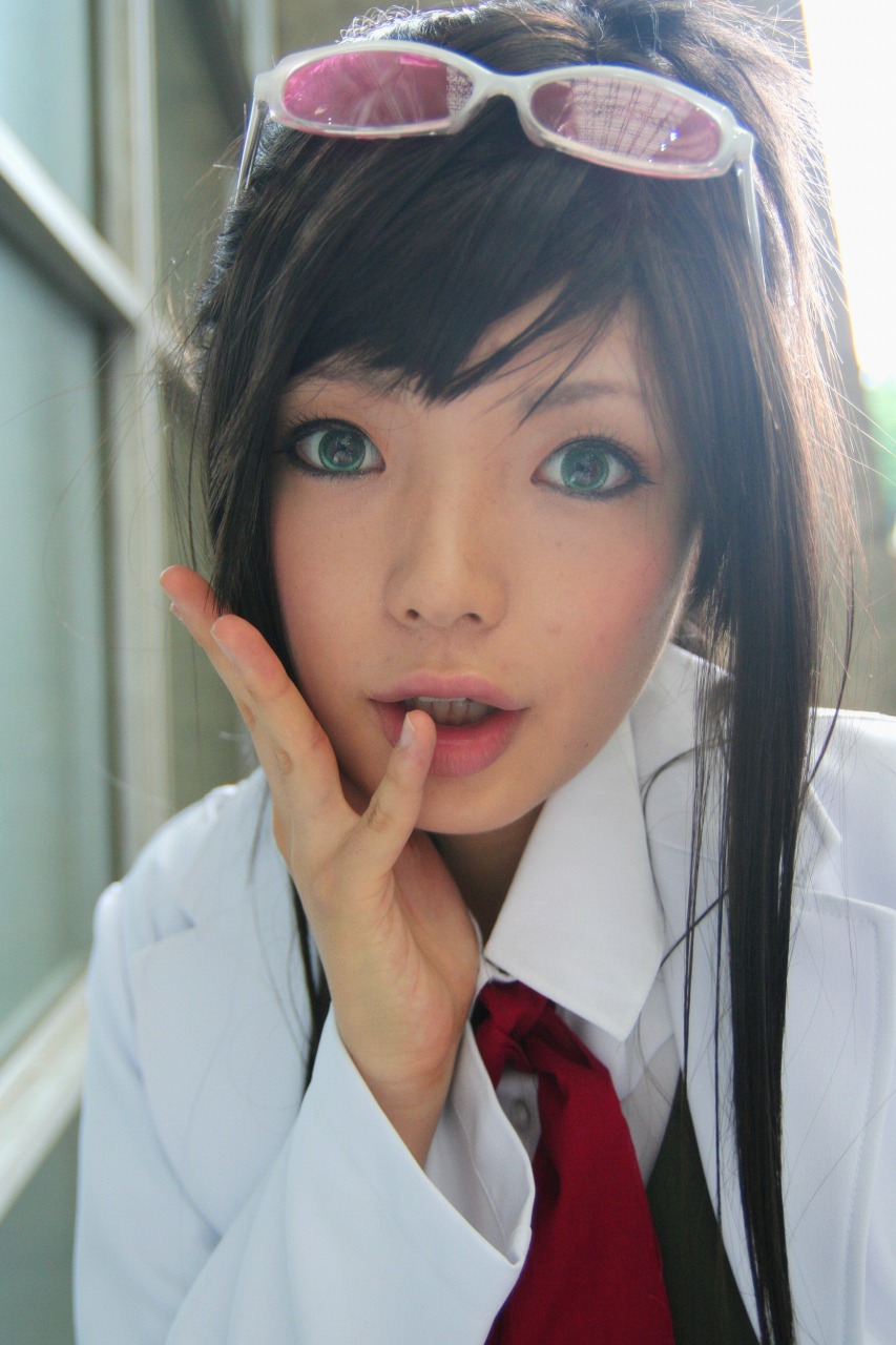namada, ema skye, ace attorney, apollo justice ace attorney, capcom, highres, photo (medium), 1girl, asian, black hair, blue eyes, color contacts, cosplay, ema skye (cosplay), eyewear on head, female focus, lab coat, long hair, looking at viewer, outdoors, solo, sunglasses, vest