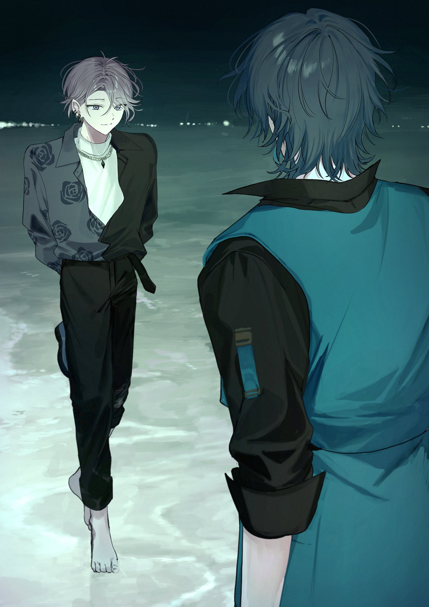 22kolink, natsume yodaka, 18trip, highres, 2boys, arms behind back, barefoot, black pants, closed mouth, facing away, floral print, full body, grey eyes, grey hair, hachinoya nagi, hair behind ear, horizon, jewelry, long sleeves, looking at another, male focus, multiple boys, necklace, night, night sky, ocean, pants, print shirt, shirt, shirt tucked in, sky, smile, turtleneck, two-tone shirt