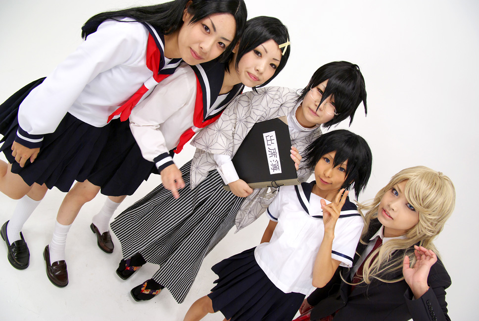 fuura kafuka, itoshiki nozomu, kimura kaere, kitsu chiri, sekiutsu maria tarou, sayonara zetsubou sensei, model request, photo (medium), bandages, blonde hair, cosplay, everyone, kneehighs, sailor, school uniform, serafuku, socks, twintails