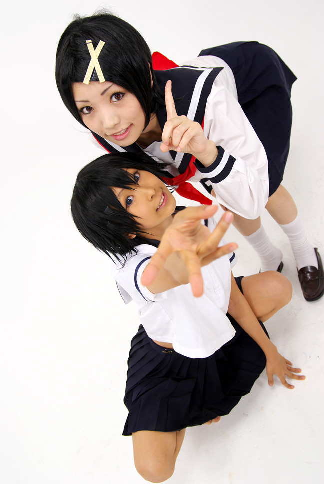 fuura kafuka, sekiutsu maria tarou, sayonara zetsubou sensei, model request, photo (medium), cosplay, sailor, school uniform, serafuku, socks