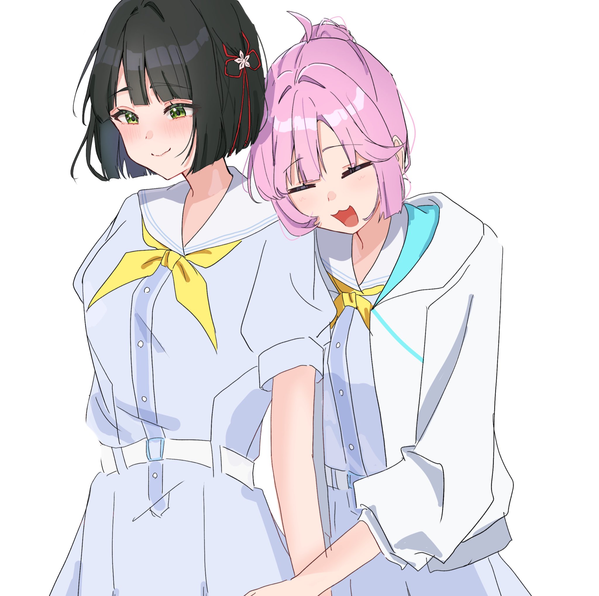 potu sabu, anyoji hime, momose ginko, link! like! love live!, love live!, commentary, hashtag-only commentary, highres, 2girls, :3, :d, black hair, blue dress, blunt bangs, blunt ends, blunt sidelocks, blush, bob cut, closed eyes, closed mouth, dress, green eyes, hasu no sora school uniform, hood, hooded jacket, jacket, long hair, multi-tied hair, multiple girls, neckerchief, open clothes, open jacket, open mouth, pink hair, ponytail, puffy short sleeves, puffy sleeves, sailor collar, sailor dress, school uniform, short sleeves, sidelocks, simple background, smile, summer uniform, three-quarter sleeves, virtual youtuber, white background, white jacket, white sailor collar, yellow neckerchief, yuri