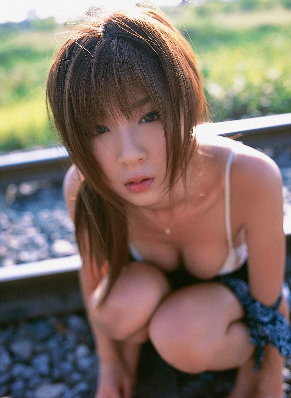 hoshino aki, highres, photo (medium), bikini, bug, butterfly, dress, open clothes, open dress, railroad tracks, swimsuit