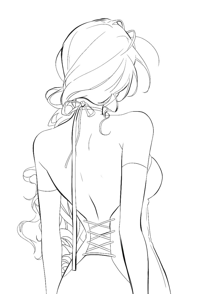 hyuna (alien stage), alien stage, commentary, highres, 1girl, alternate universe, breasts, corset, curly hair, elbow gloves, from behind, gloves, hair over shoulder, long hair, low ponytail, lubya, ponytail, solo