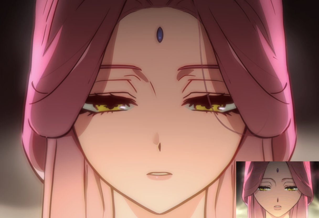 mizi (alien stage), alien stage, commentary, derivative work, screenshot redraw, symbol-only commentary, 1girl, close-up, forehead jewel, half-closed eyes, half updo, long hair, lubya, parted lips, pink hair, pink lips, reference inset, solo, yellow eyes