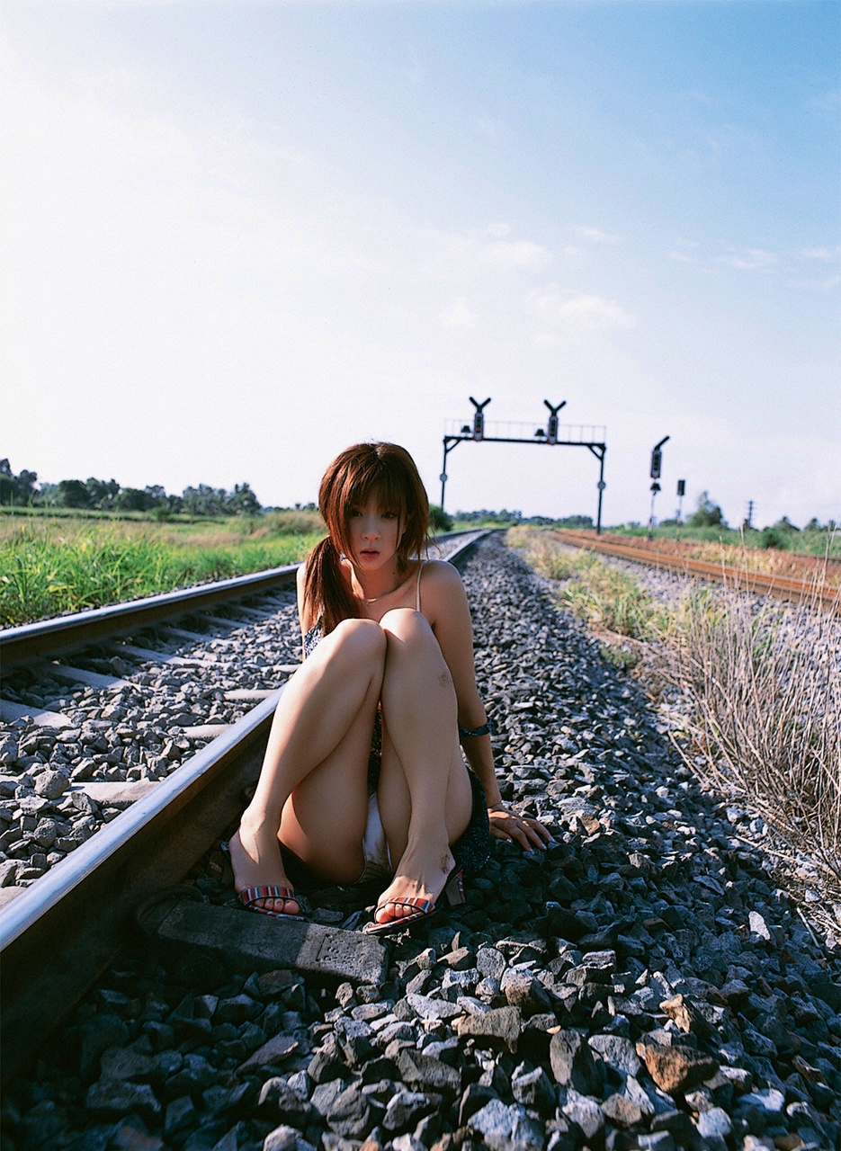 hoshino aki, highres, photo (medium), bikini, bug, butterfly, dress, open clothes, open dress, railroad tracks, swimsuit