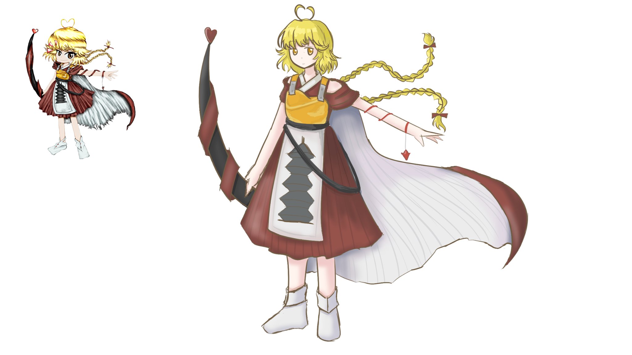 ooama no ake no mitori, len'en, derivative work, highres, 1other, androgynous, antenna hair, apron, arm ribbon, armor, belt, black belt, blonde hair, bow, bow (weapon), braid, breastplate, cape, closed mouth, collared socks, detached sleeves, dot nose, expressionless, floating cape, floating hair, full body, hair bow, hakama, hakama skirt, heart antenna hair, holding, holding bow (weapon), holding weapon, japanese clothes, kimono, long hair, looking at viewer, low twin braids, other focus, pagoda, red bow, red cape, red hakama, red kimono, red ribbon, red sleeves, reference inset, ribbon, shengjianglanse, short kimono, short sleeves, simple background, skirt, sleeveless, sleeveless kimono, socks, solo, standing, tachi-e, twin braids, two-sided cape, two-sided fabric, very long hair, waist apron, weapon, white apron, white background, white cape, white socks, yellow eyes