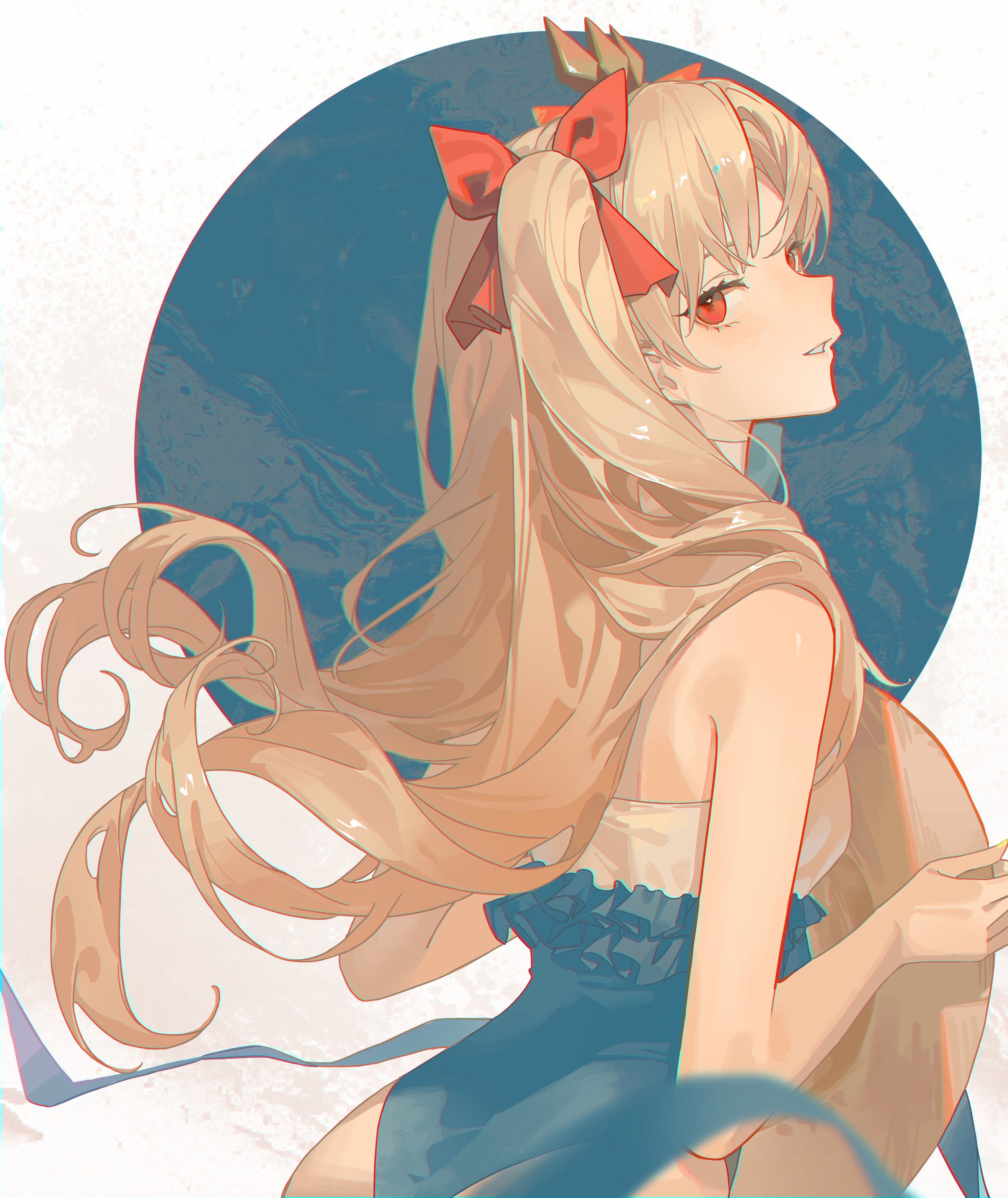rong kui baku, ereshkigal (fate), fate/grand order, fate (series), absurdres, commentary request, highres, 1girl, ass, blonde hair, ereshkigal (swimsuit beast) (fate), floating hair, grin, hair ribbon, hat, holding, holding unworn clothes, holding unworn hat, long hair, looking at viewer, one-piece swimsuit, parted bangs, red eyes, red ribbon, ribbon, smile, solo, straw hat, sun hat, swimsuit, two side up, unworn hat, unworn headwear
