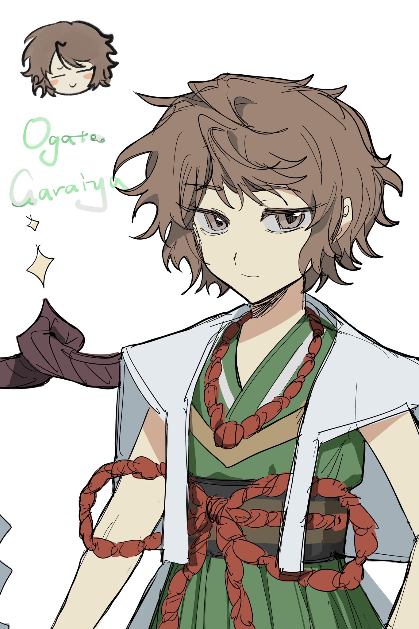 ogata garaiya, len'en, highres, 1other, 8 ljian, androgynous, bare arms, branch, brown eyes, brown hair, brown sash, cape, character name, closed mouth, cowboy shot, green kimono, happy, head only, japanese clothes, kimono, loose hair strand, messy hair, multiple views, obi, other focus, pointy nose, red ribbon, ribbon, rope, rope necklace, sash, shimenawa, short hair, simple background, sleeveless, sleeveless kimono, smile, standing, swept bangs, waist ribbon, white background, white cape