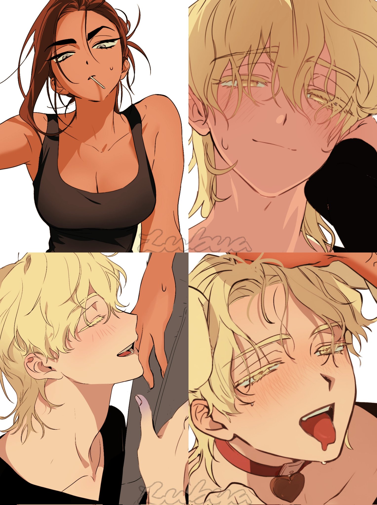 hyuna (alien stage), luka (alien stage), alien stage, audible music, audible speech, commentary, corrupted twitter file, english audio, highres, sound, 1boy, 1girl, animal collar, animal ears, black shirt, black tank top, blonde hair, breasts, brown hair, cleavage, collar, colored eyelashes, dark-skinned female, dark skin, dog boy, dog ears, grabbing another's hair, hetero, holding another's hair, lollipop in mouth, lubya, lyrics, medium hair, saliva, shirt, signature, tank top, tongue, tongue out, twitter username, v-neck, watermark