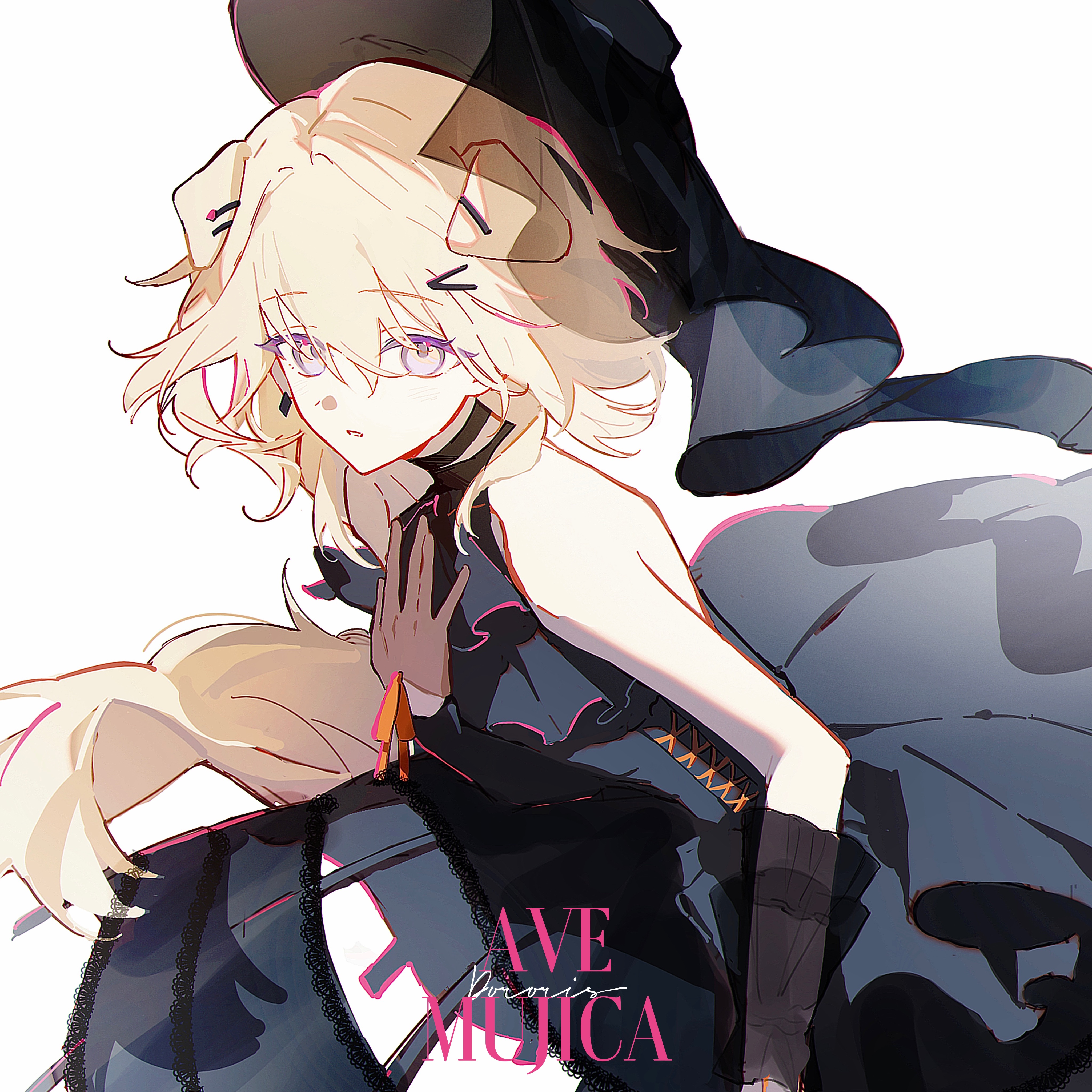 doloris (bang dream!), misumi uika, arknights, bang dream!, bang dream! it's mygo!!!!!, absurdres, chinese commentary, commentary request, highres, 1girl, animal ears, ascot, bare shoulders, black ascot, black dress, blonde hair, character name, copyright name, cowboy shot, dog ears, dog girl, dog tail, dress, earrings, gloves, hair between eyes, hair ornament, hairclip, half gloves, hand on own chest, jewelry, kemonomimi mode, linduing, looking at viewer, medium hair, misumi uika (caged singer), open mouth, purple eyes, simple background, sleeveless, sleeveless dress, solo, standing, tail, white background
