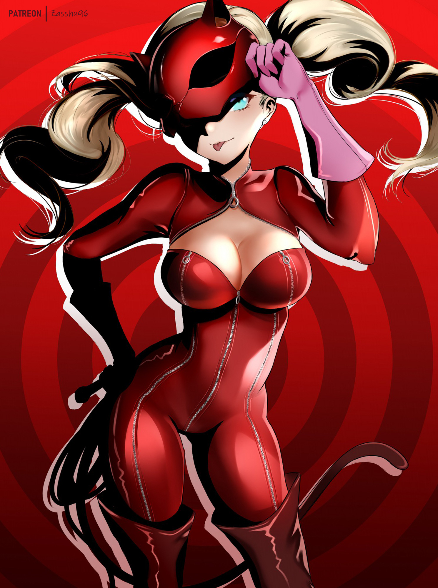 zasshu, panther (persona 5), takamaki anne, persona, persona 5, highres, 1girl, :p, blonde hair, bodysuit, boots, breasts, cat mask, cleavage, cowboy shot, earrings, gloves, hand on own hip, holding, holding whip, jewelry, large breasts, long hair, looking at viewer, mask, mask lift, patreon username, pink gloves, red background, red bodysuit, skin tight, solo, stud earrings, thigh boots, tongue, tongue out, twintails