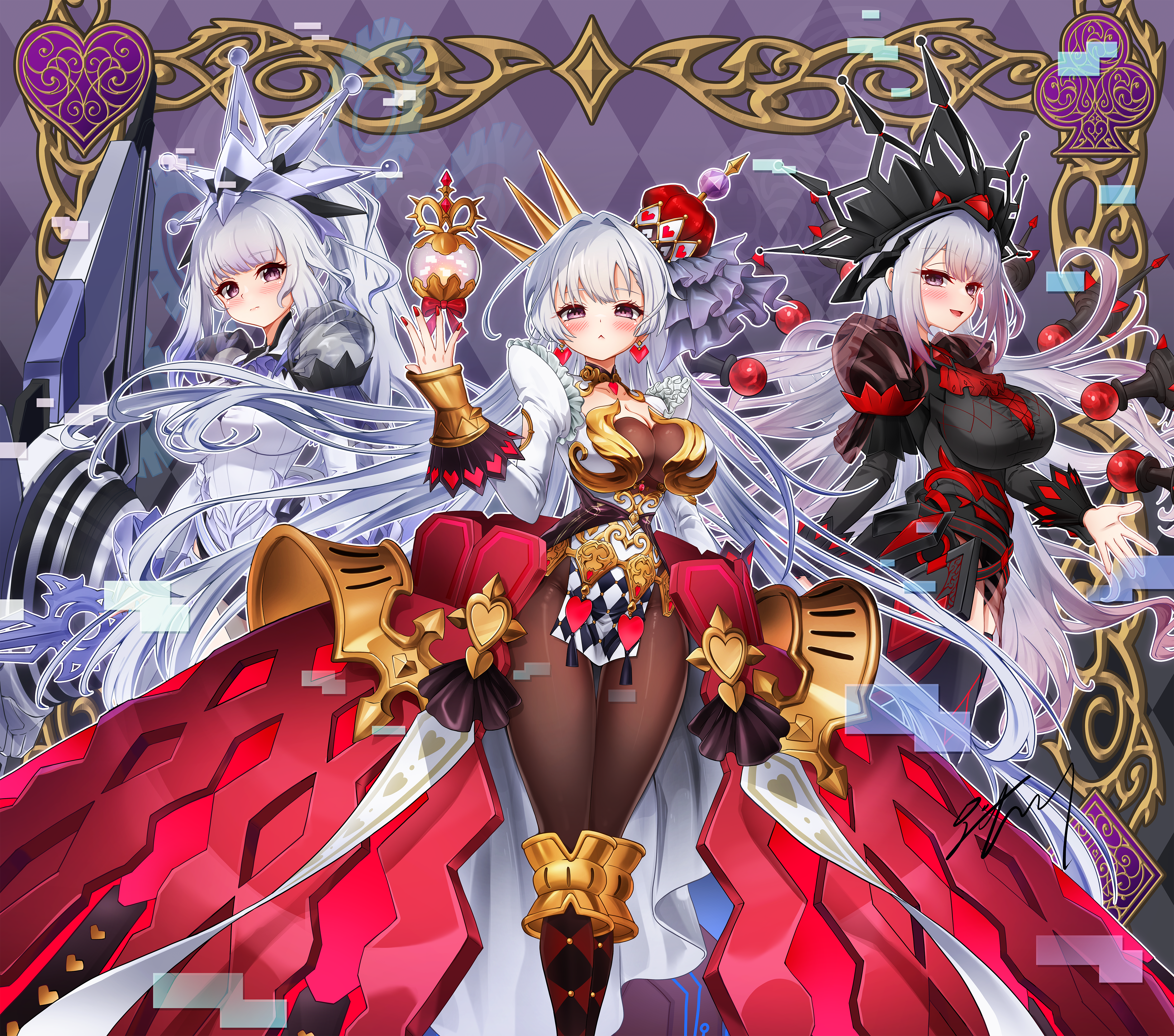ttakji craft, maliss <q> hearts crypter, maliss <q> red ransom, maliss <q> white binder, yu-gi-oh!, absurdres, highres, 3girls, black dress, black pantyhose, blush, breasts, card game, cleavage, closed mouth, crown, dress, duel monster, earrings, heart, heart earrings, jewelry, large breasts, long hair, long sleeves, looking at viewer, multiple girls, pantyhose, pink eyes, red skirt, skirt, very long hair, white dress, white hair